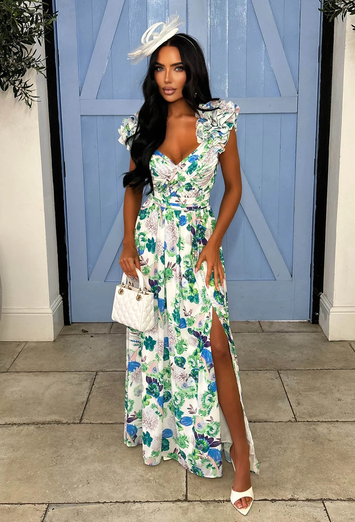 Frill Fantasy Blue Frill Shoulder Floral Maxi Dress - Image 3