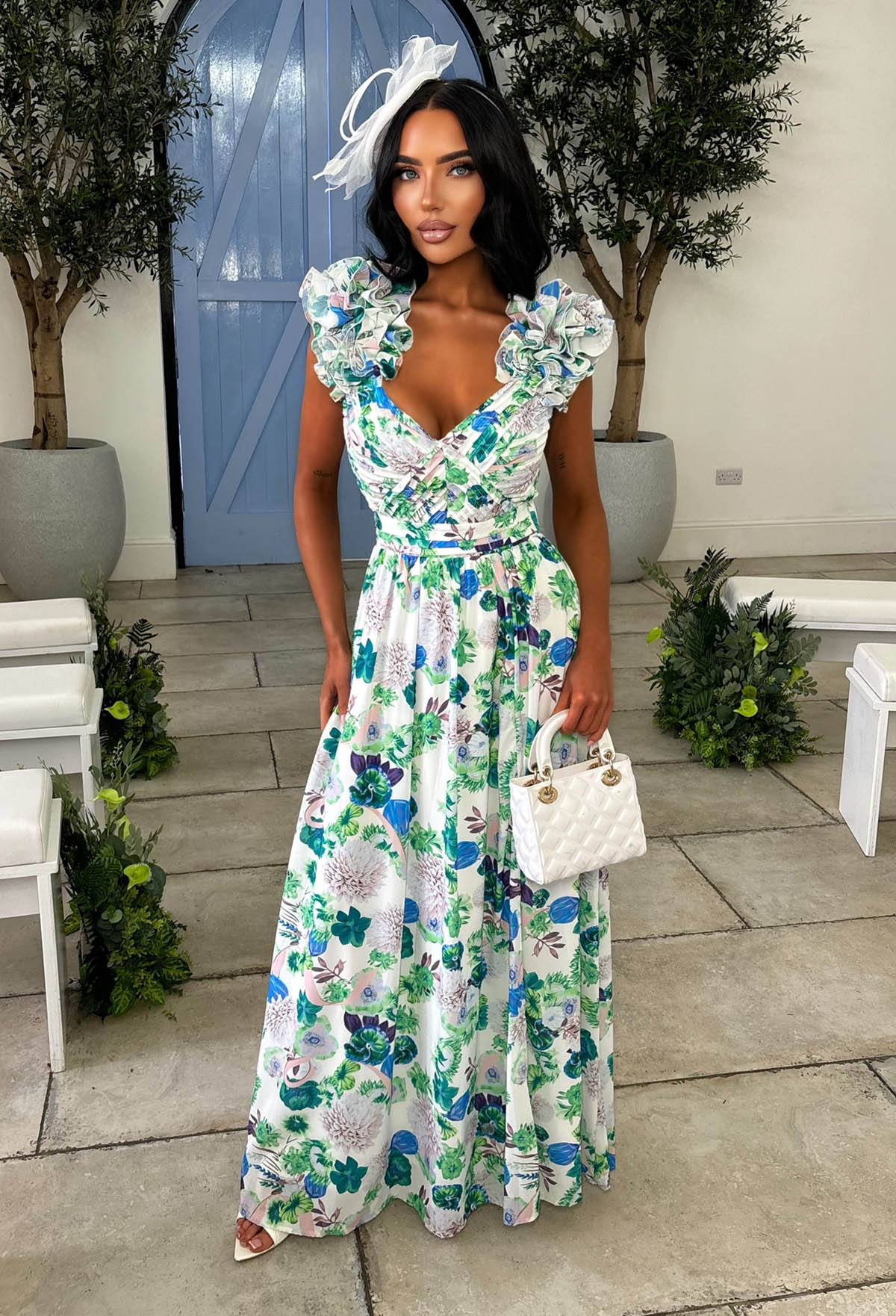 Frill Fantasy Blue Frill Shoulder Floral Maxi Dress - Image 6