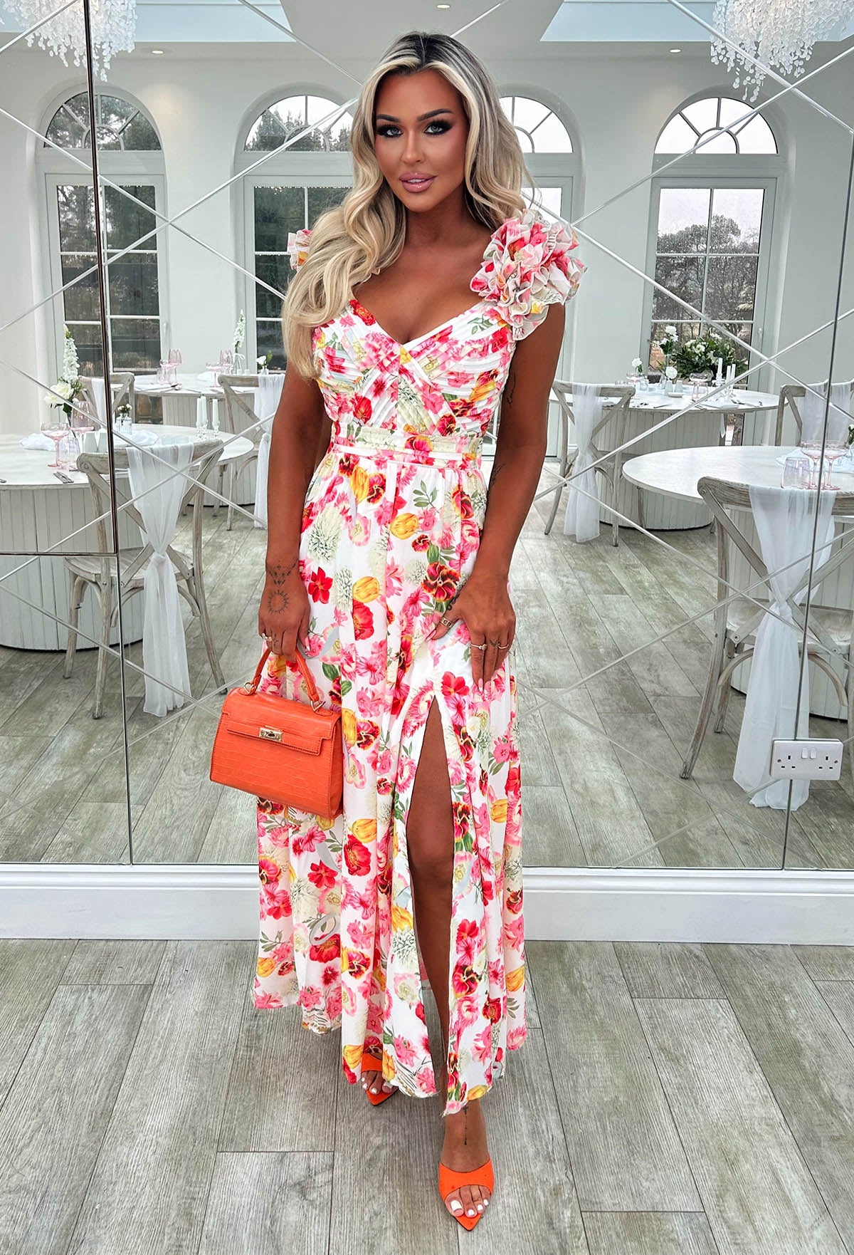 Frill Fantasy Pink Frill Shoulder Floral Maxi Dress - Image 3