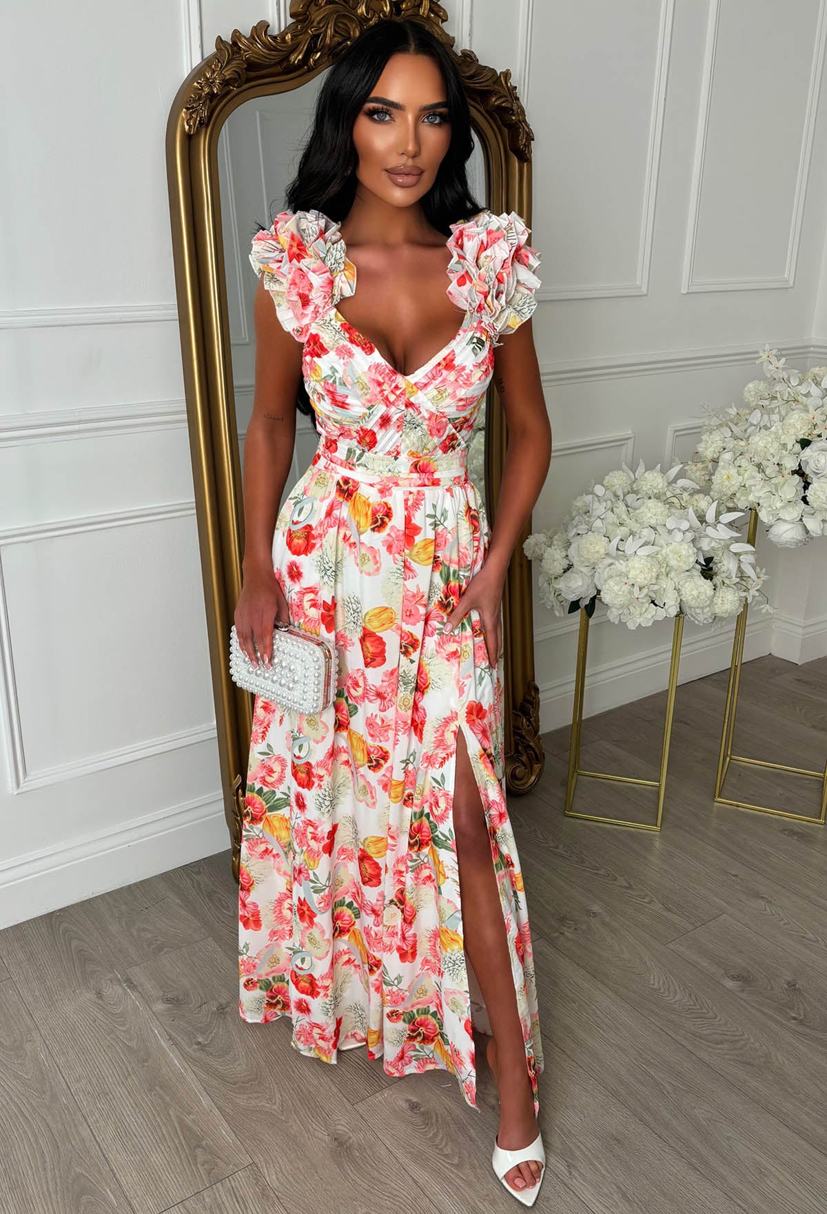 Frill Fantasy Pink Frill Shoulder Floral Maxi Dress - Image 5