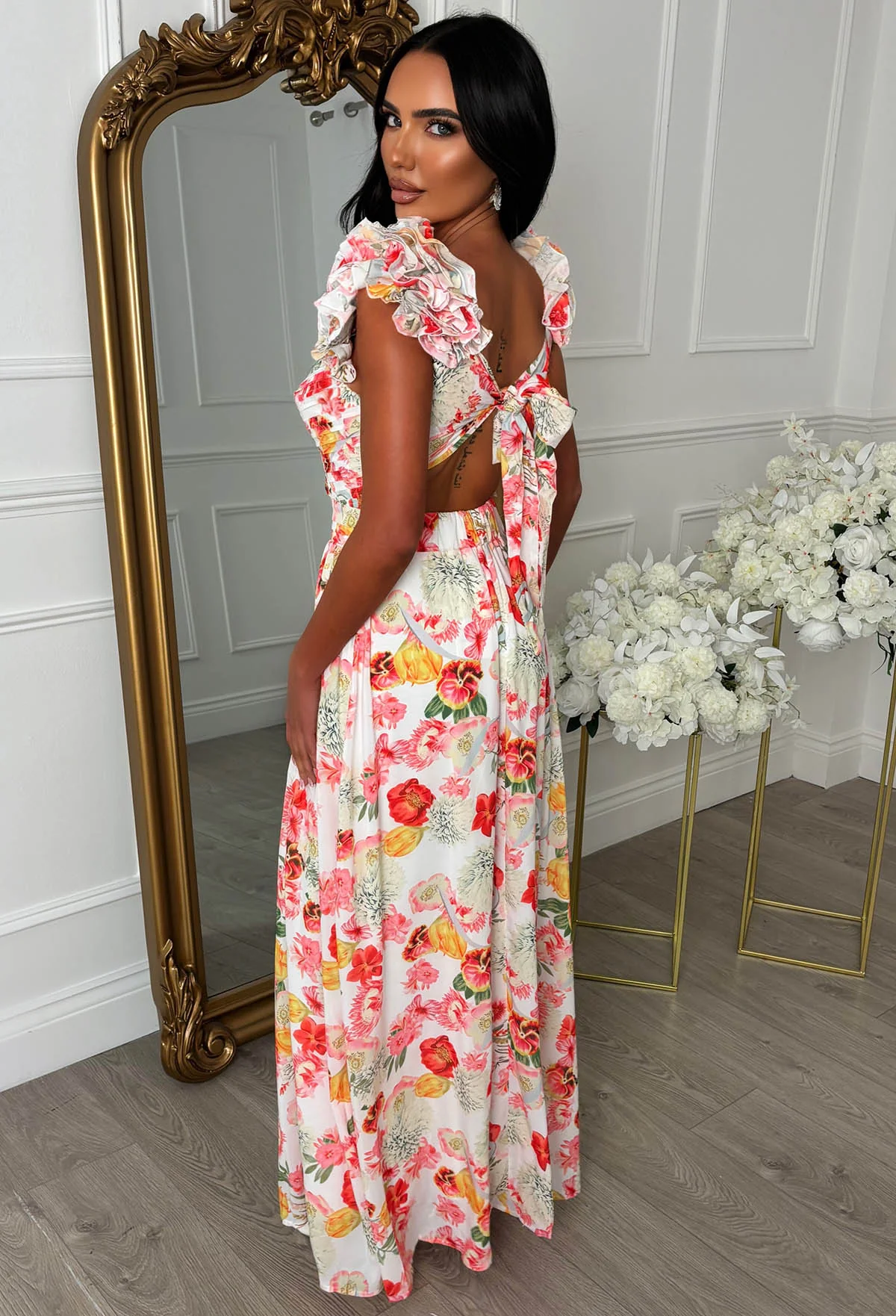 Frill Fantasy Pink Frill Shoulder Floral Maxi Dress - Image 6