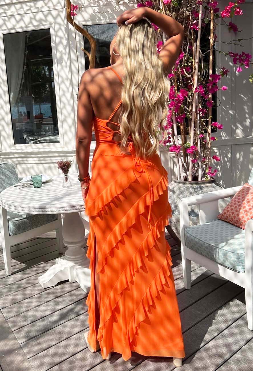 Frilling Temptation Orange Frilled Lace Up Back Cami Maxi Dress - Image 2