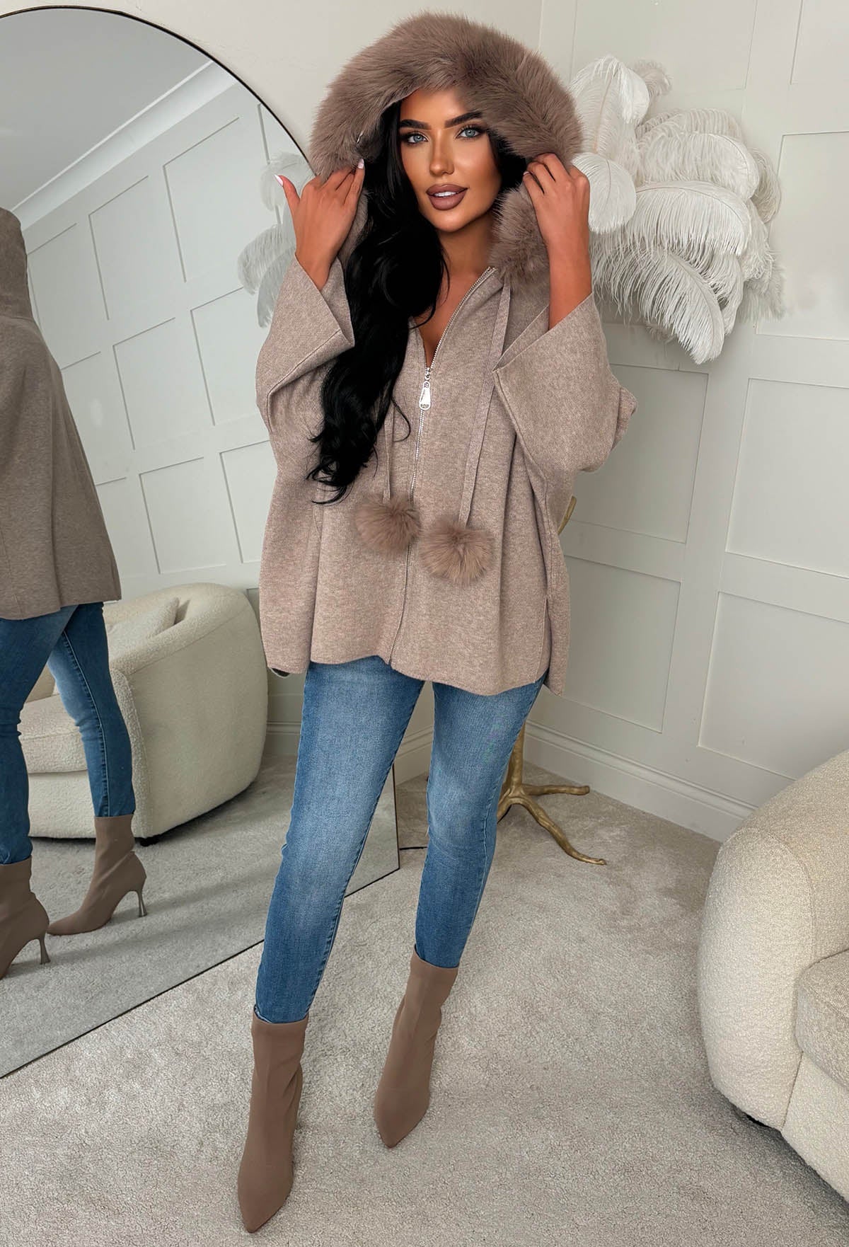 Furry Fantasy Taupe Batwing Pom Pom Detail Knitted Cardigan - Image 3