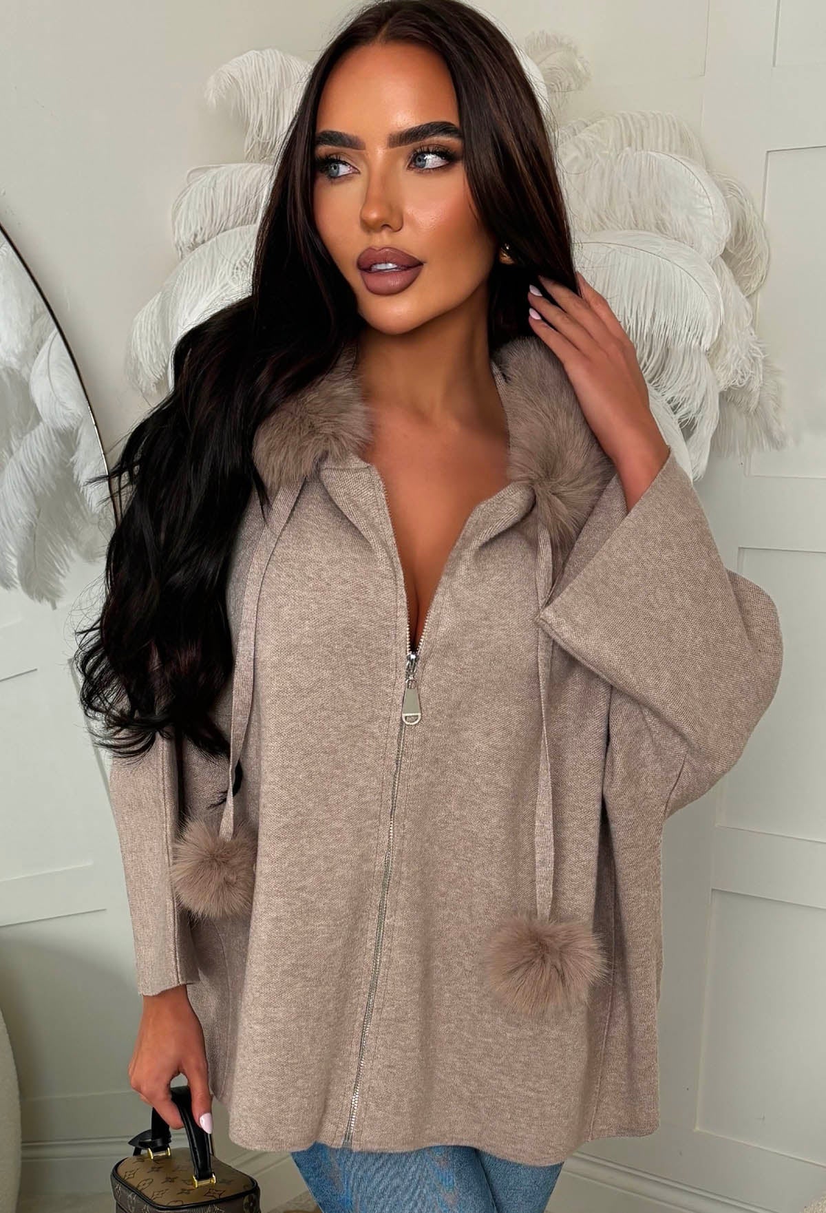 Furry Fantasy Taupe Batwing Pom Pom Detail Knitted Cardigan - Image 4