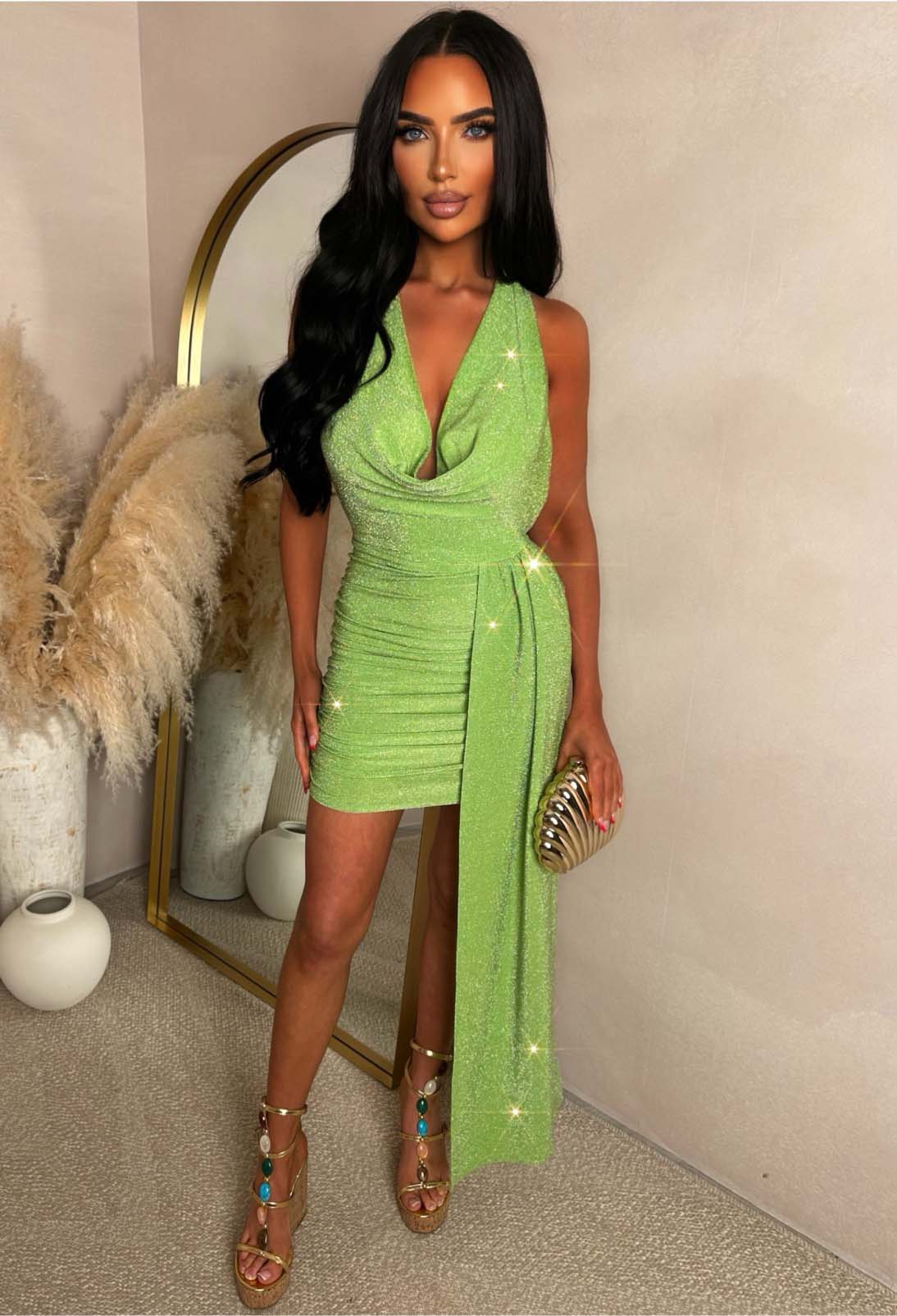 Genesis Lime Lurex Drape Mini Dress - Image 6