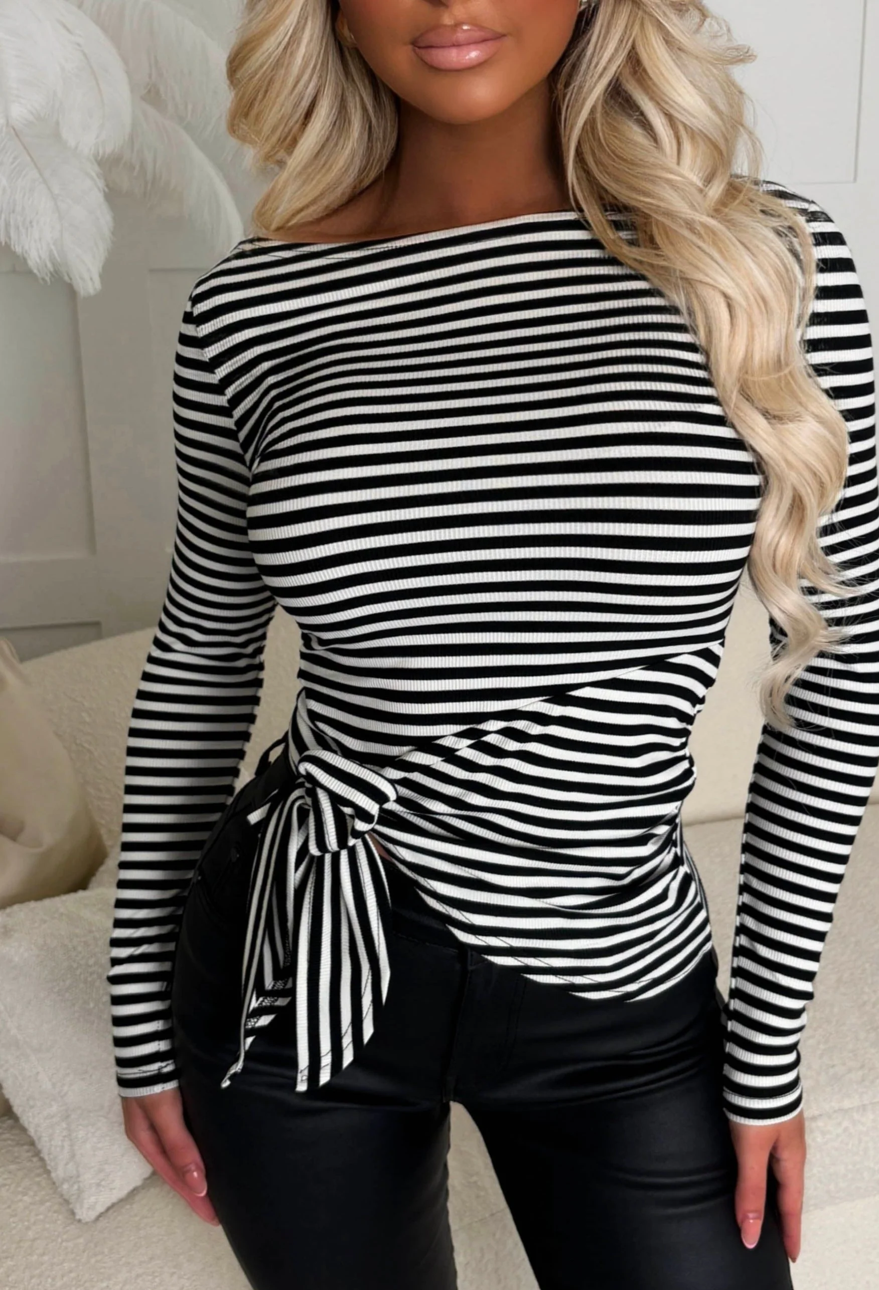 Get Your Own Monochrome Knot Detail Stretch Striped Long Sleeve Top - Image 3