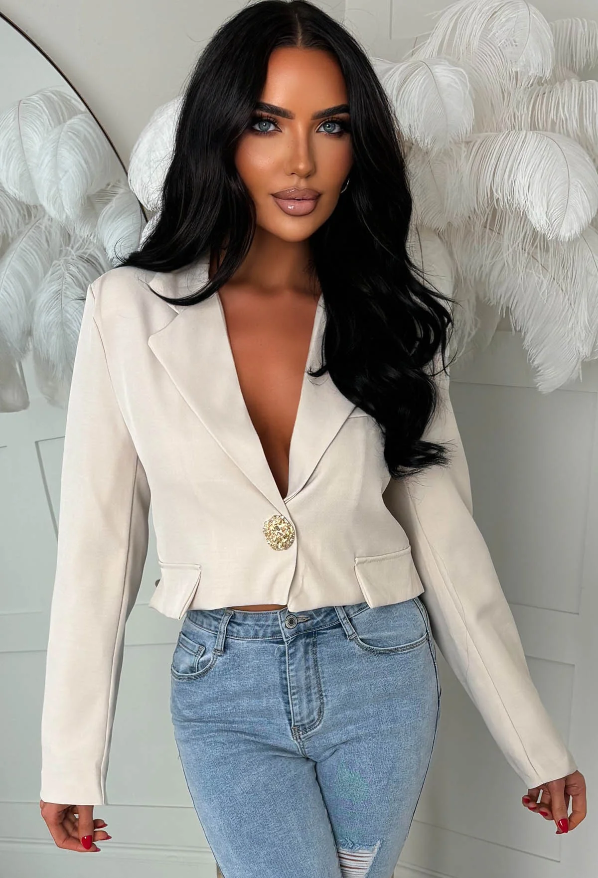 Gilded Grace Nude Cropped Gold Pin Button Blazer - Image 4