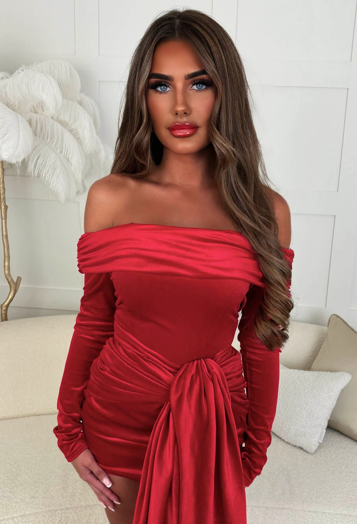 Ginny Red Velvet Tie Front Off The Shoulder Mini Dress - Image 6