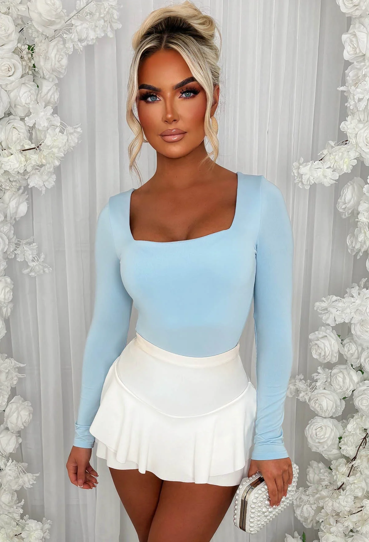 Girl Like Me Light Blue Square Neck Long Sleeve Bodysuit - Image 4