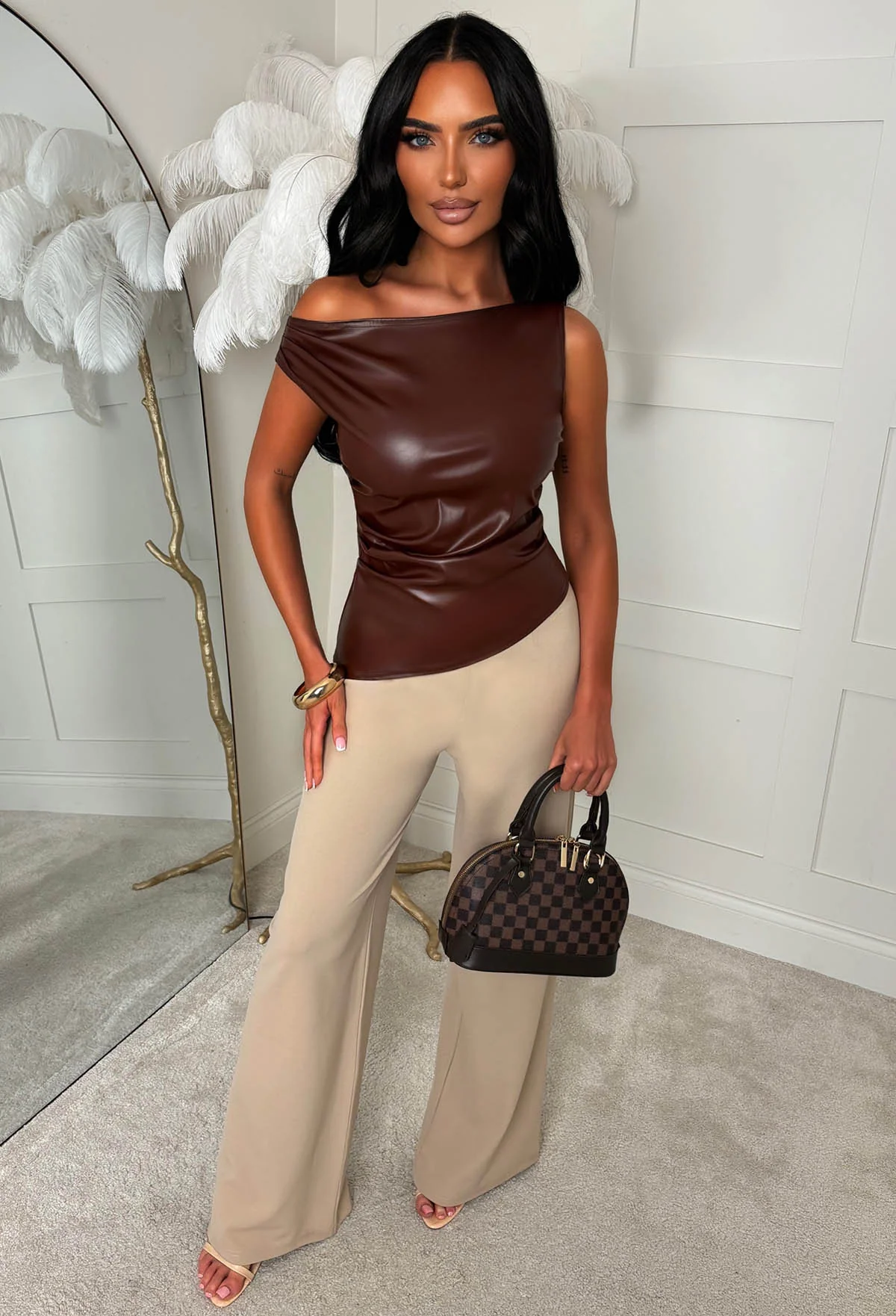 Glam Gloss Chocolate Brown Faux Leather Ruched Top - Image 2