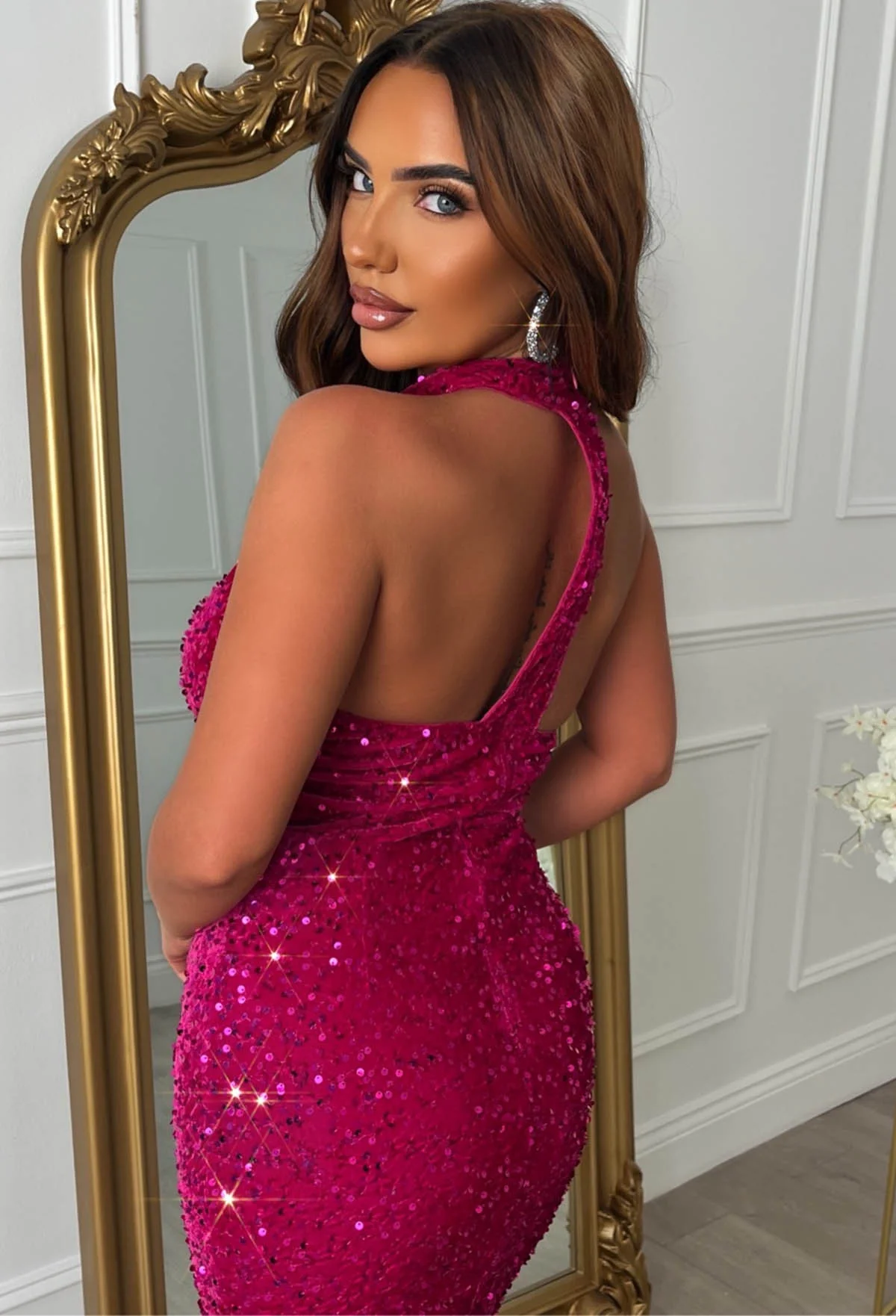 Glitzy Glamour Fuchsia Halterneck Sequin Dress - Image 8