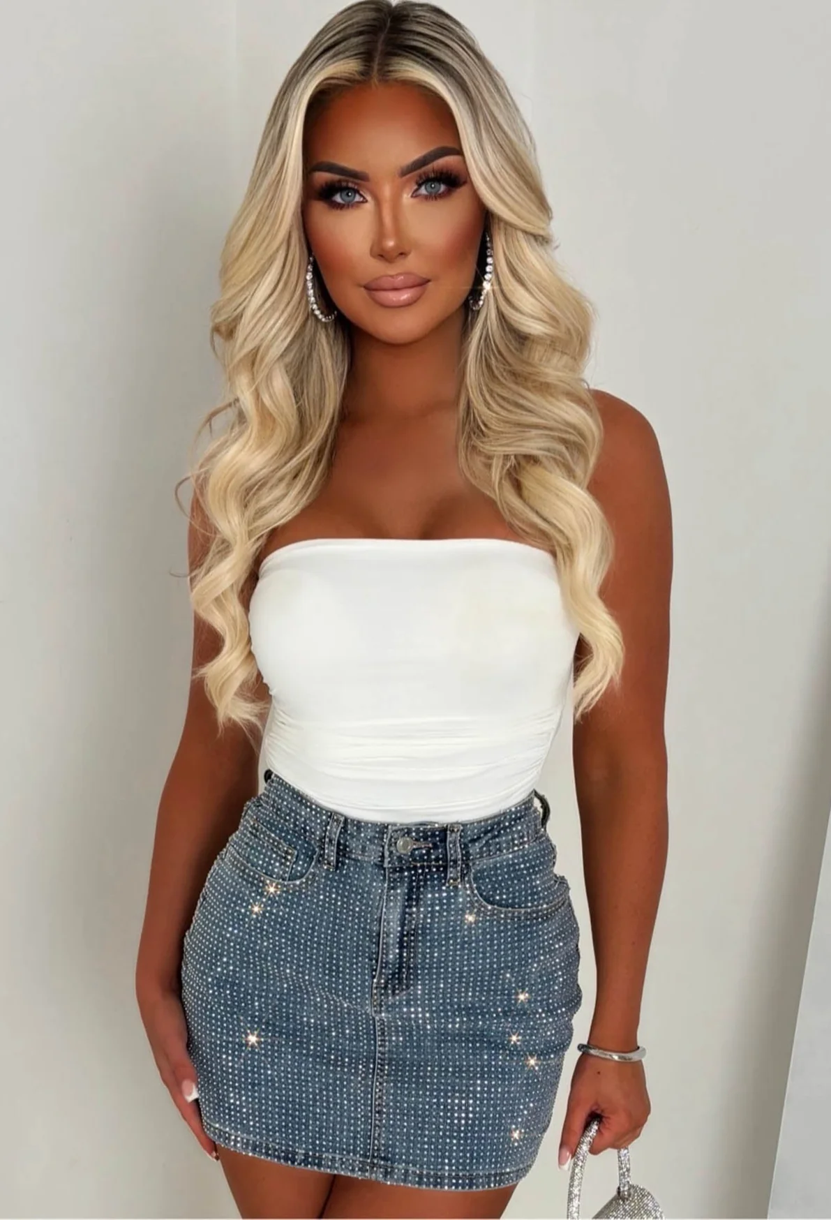 Glow Up Mid Wash Stretch Sparkle Mini Skirt