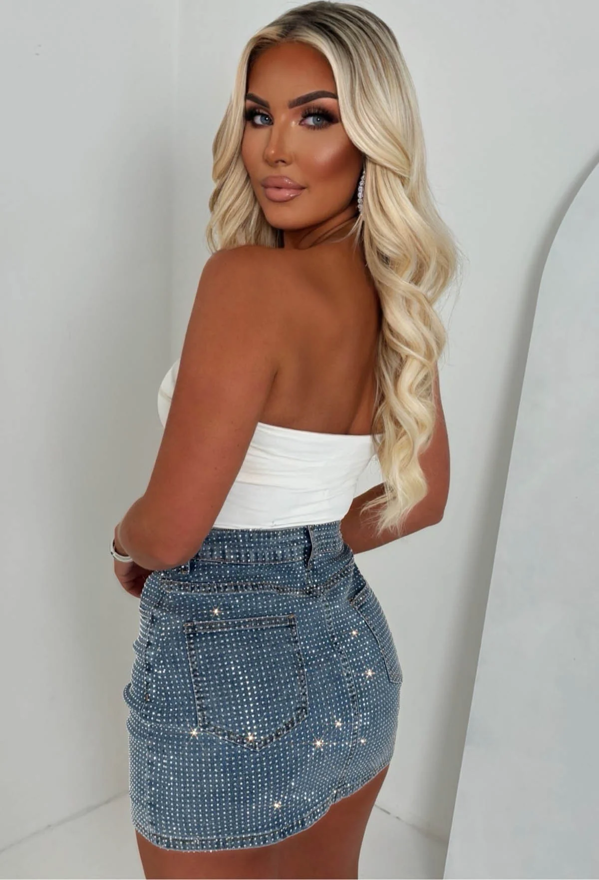 Glow Up Mid Wash Stretch Sparkle Mini Skirt - Image 3