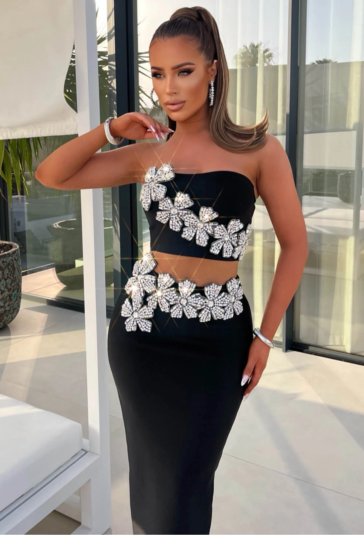 Goddess Mode On Black Diamante Flower Maxi Skirt Co-Ord Set - Image 2
