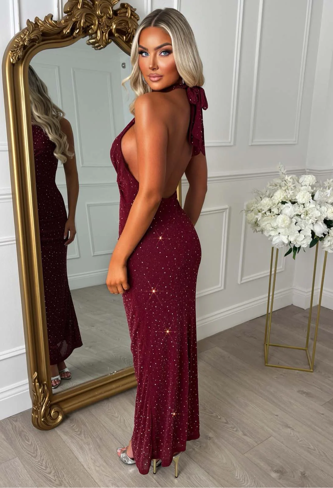 Halo Effect Burgundy Hot Fix Halter Twist Midaxi Dress - Image 2
