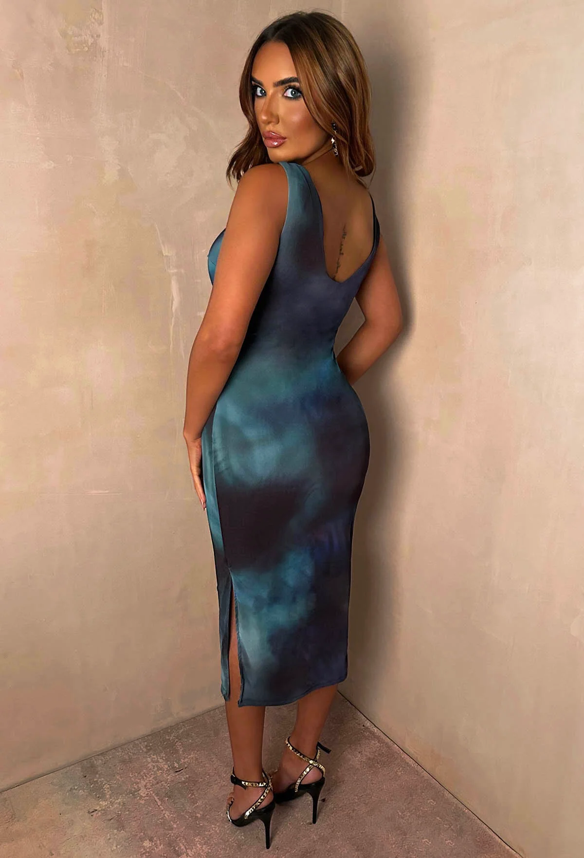 Hettie Blue Mesh Side Split Midi Dress - Image 2