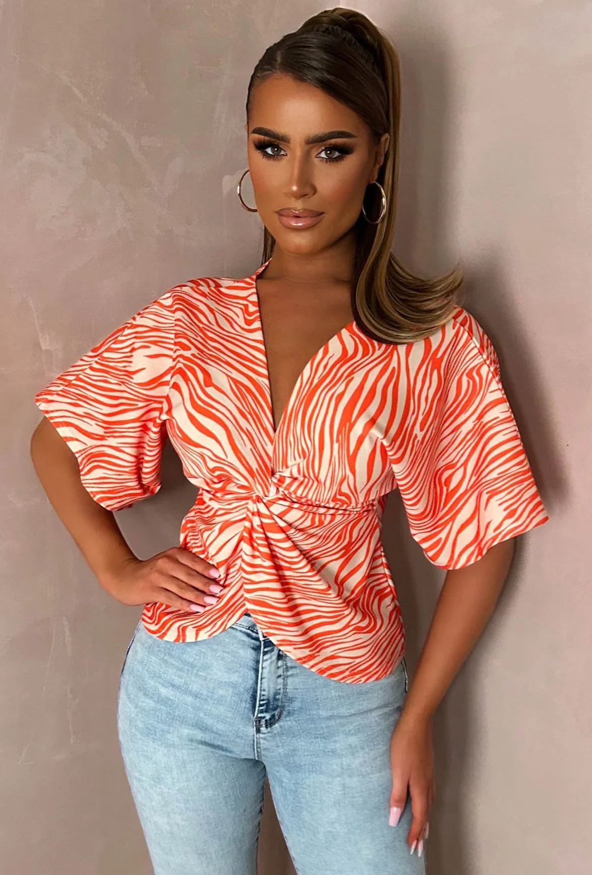 Hidden Flame Orange Knot Detail Crepe Top - Image 2