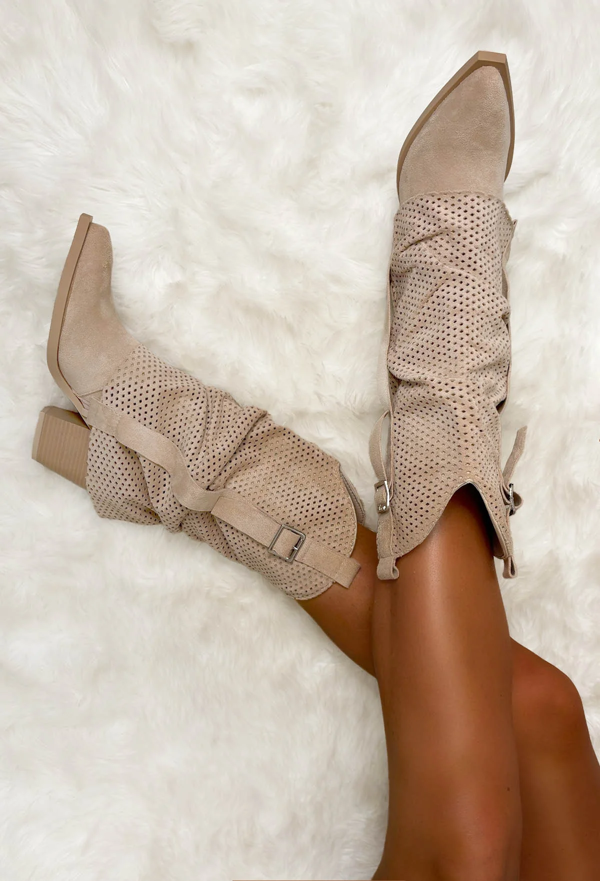 Hoedown Throwdown Beige Faux Suede Buckle Boots