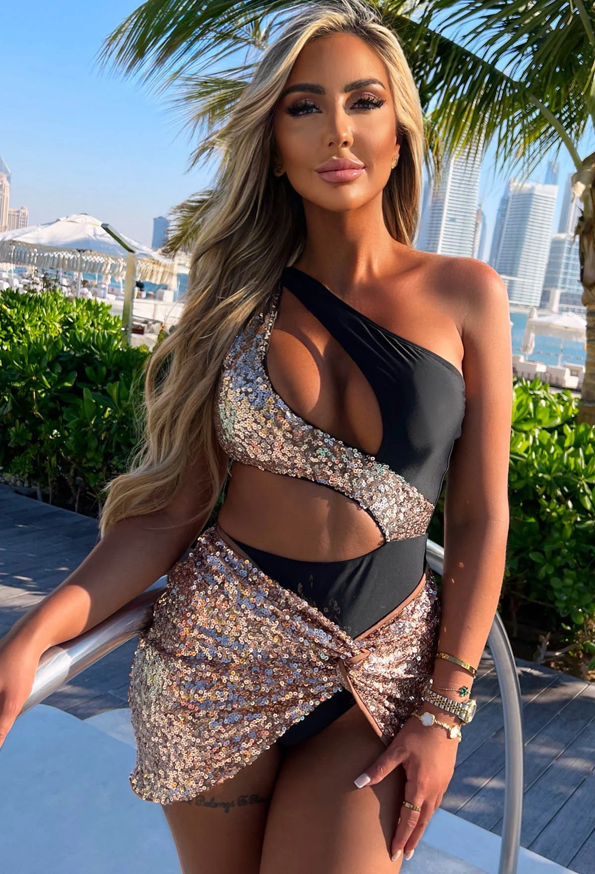 Holiday Queen Black One Shoulder Rose Gold Sequin Cut Out Swimsuit - Image 10