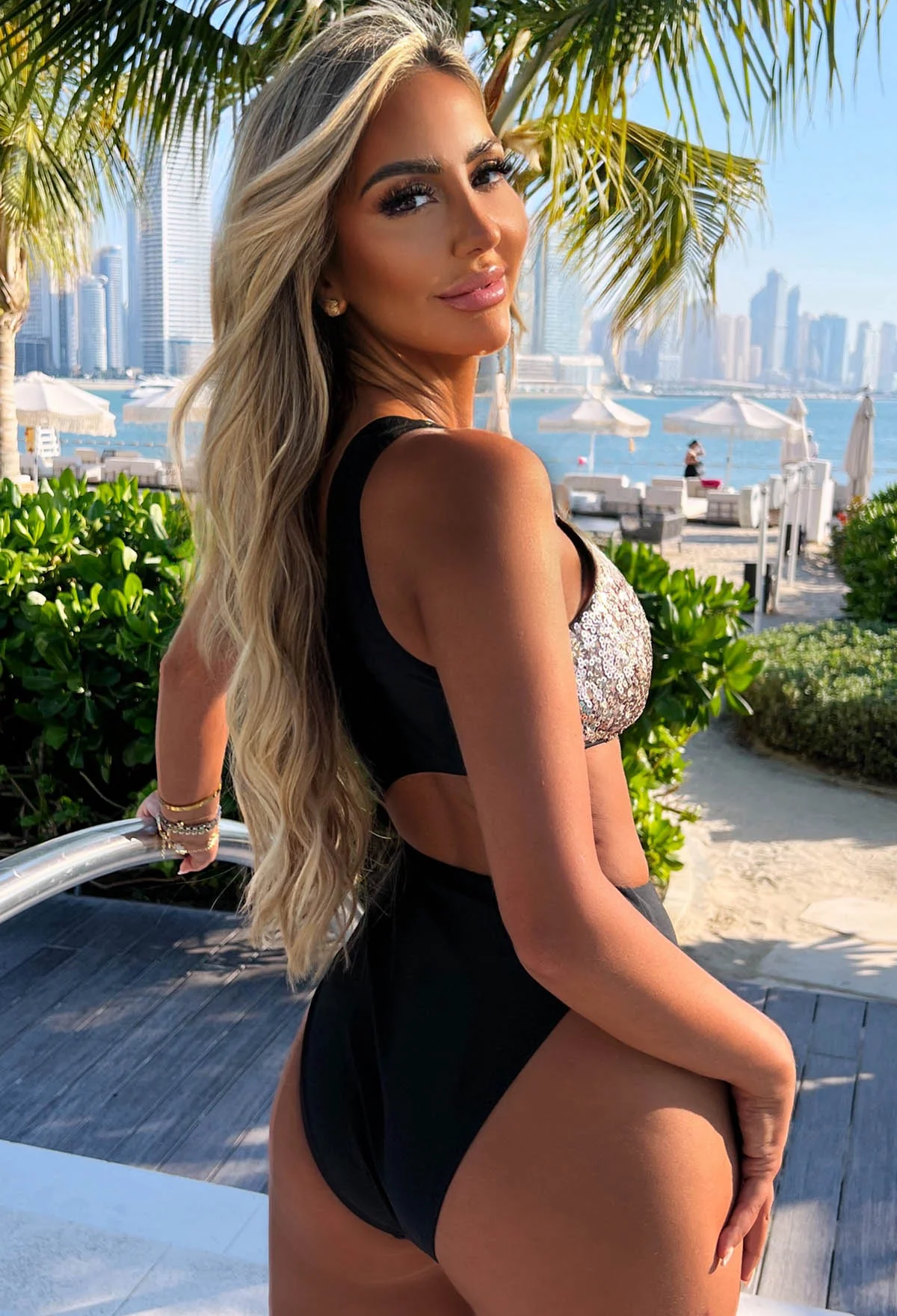 Holiday Queen Black One Shoulder Rose Gold Sequin Cut Out Swimsuit - Image 9