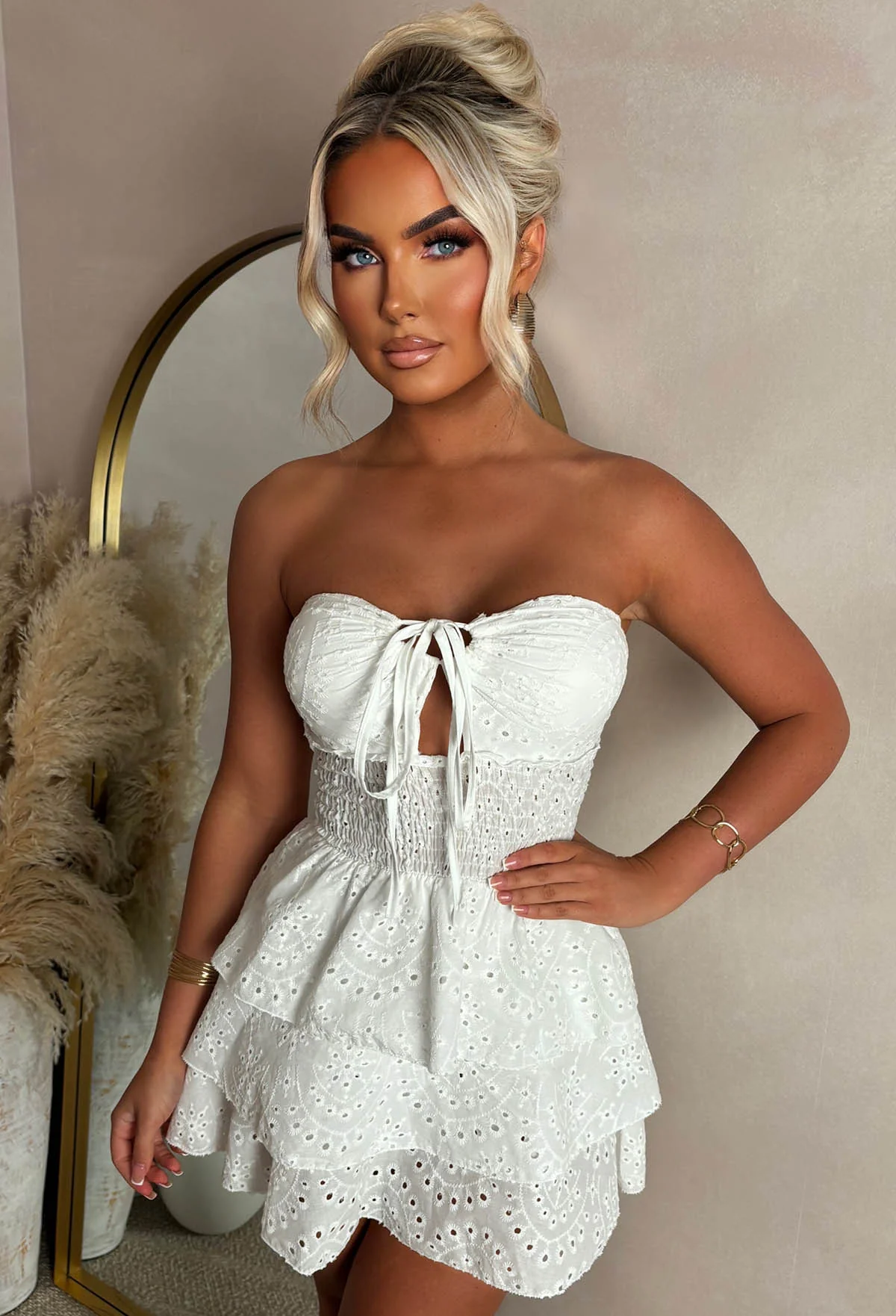 Holiday Tease White Tie Front Frill Broderie Anglaise Mini Dress - Image 3