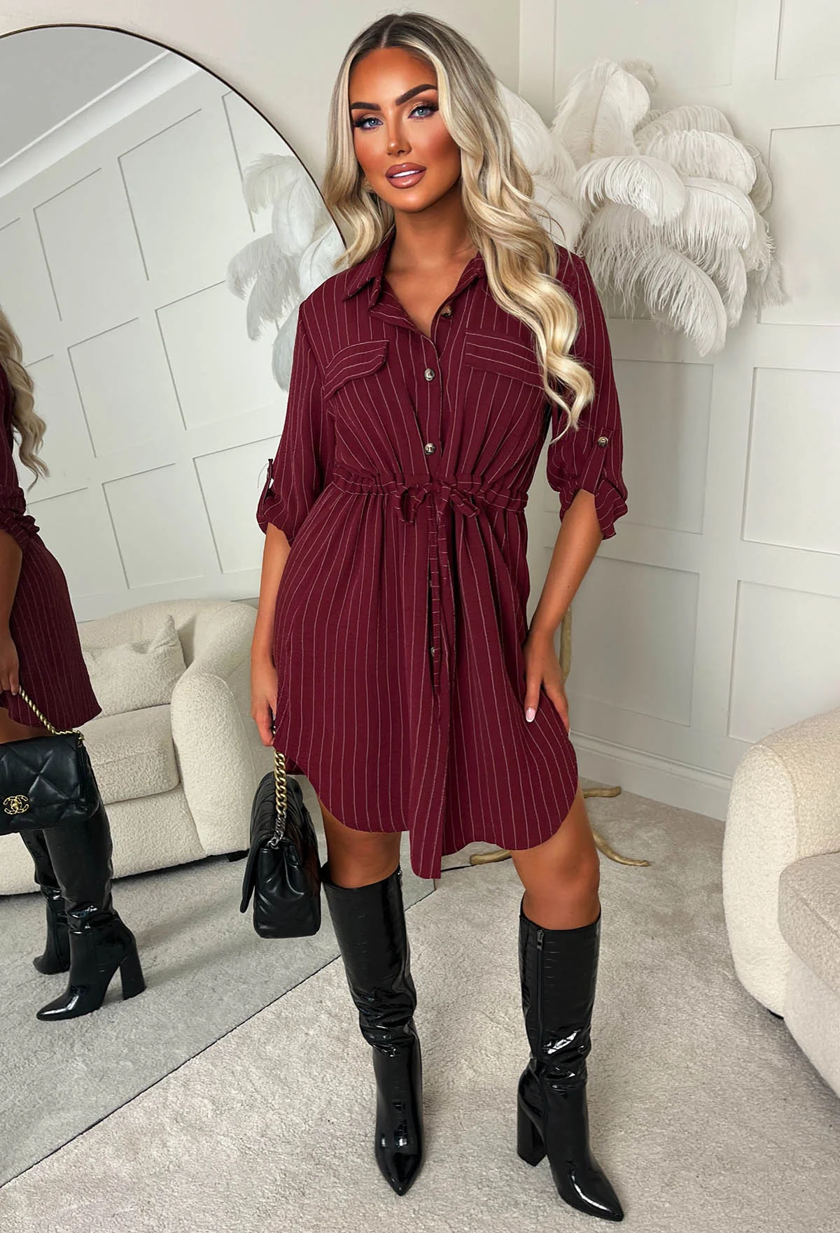 Honey Delight Burgundy Pinstripe Tie Front Shirt Dress - Image 2