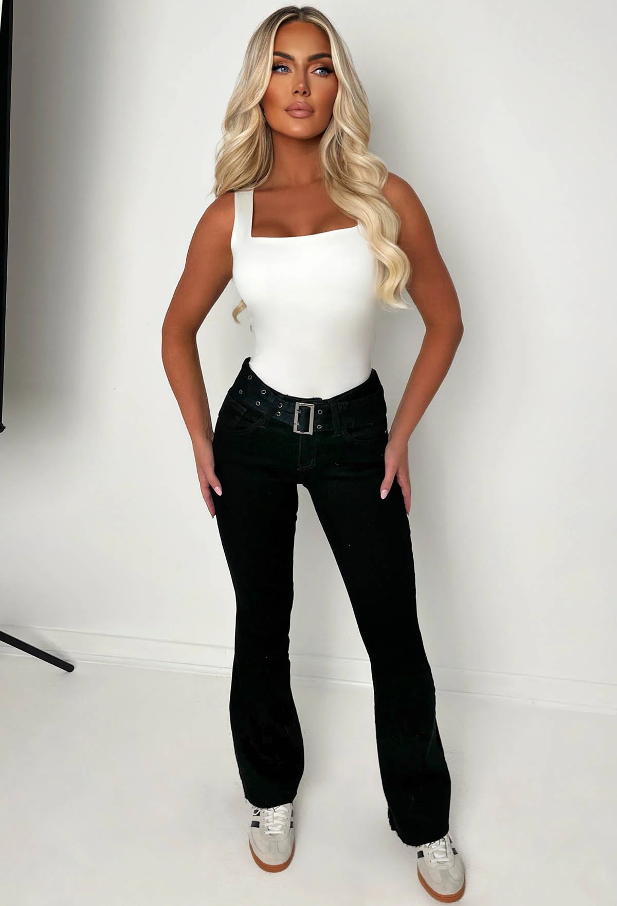 Hot As Hell Black Low Rise Stretch Belted Flare Jeans - Image 5