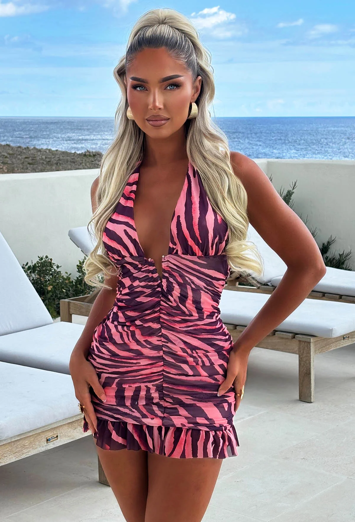 Hot Girl Safari Multi Zebra Print Halter Mesh Mini Dress - Image 2