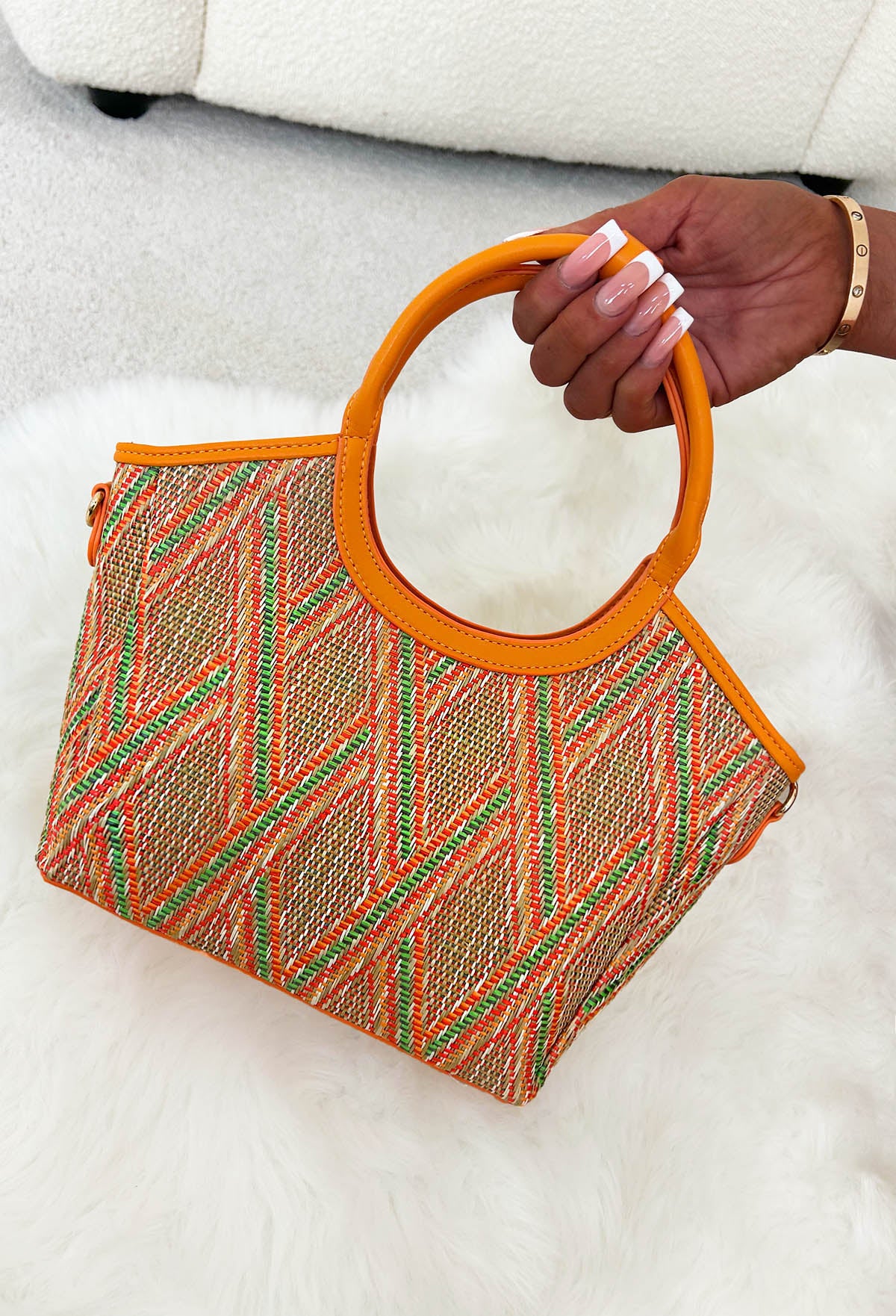 Hot On The Spot Orange Top Handle Printed Raffia Bag - Image 2
