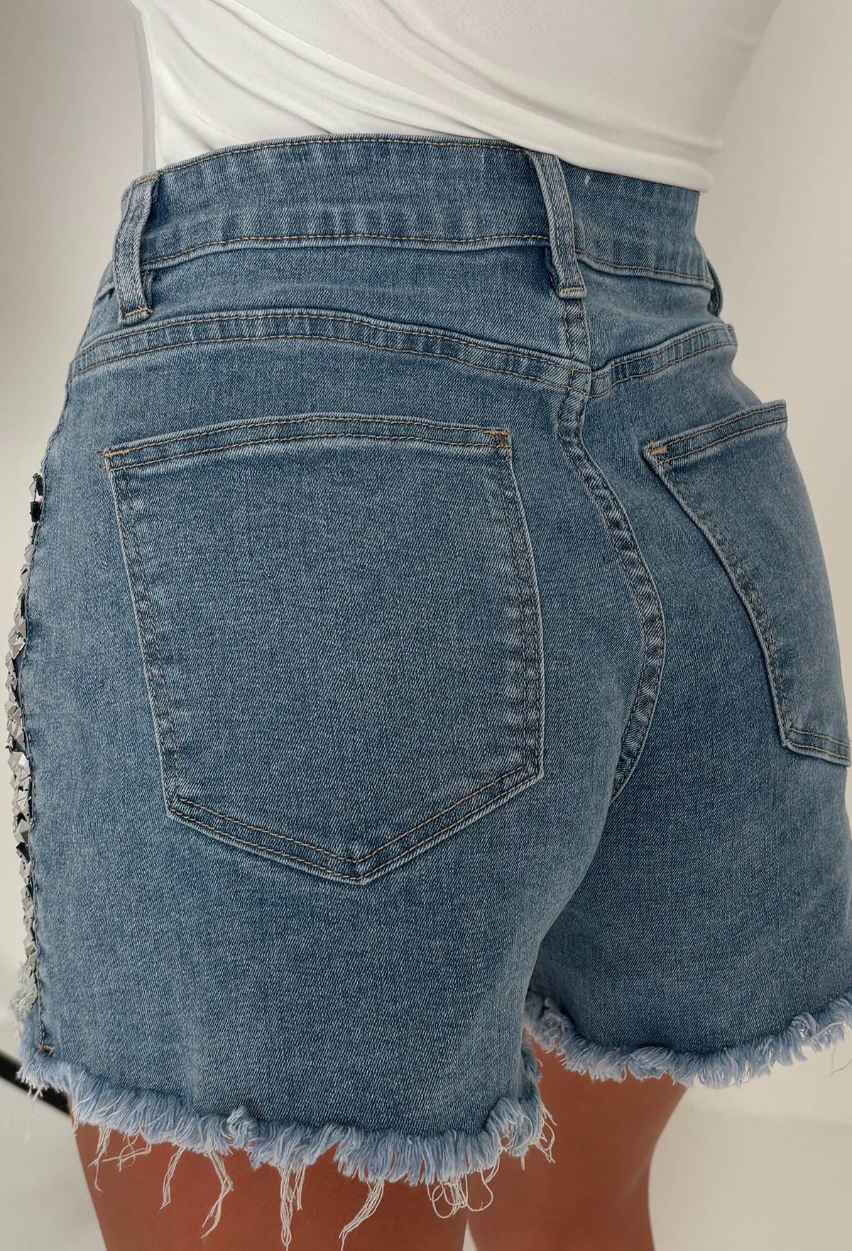 Hot Stud Mid Blue Stretch Studded Front Ripped Denim Shorts - Image 6
