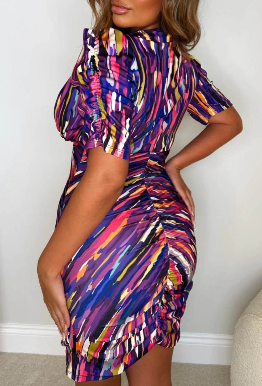 Love You Lots Purple Stretch Printed Ruched Mini Dress - Image 2
