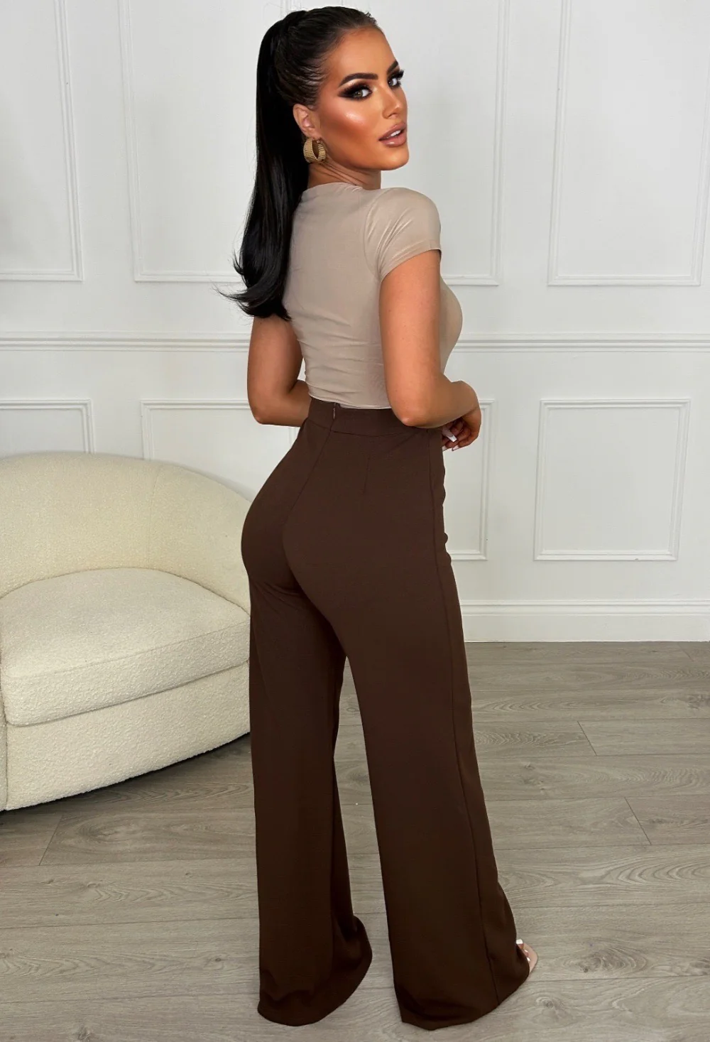 I See Fire Chocolate Brown High Waisted Wide Leg Trousers - Image 2