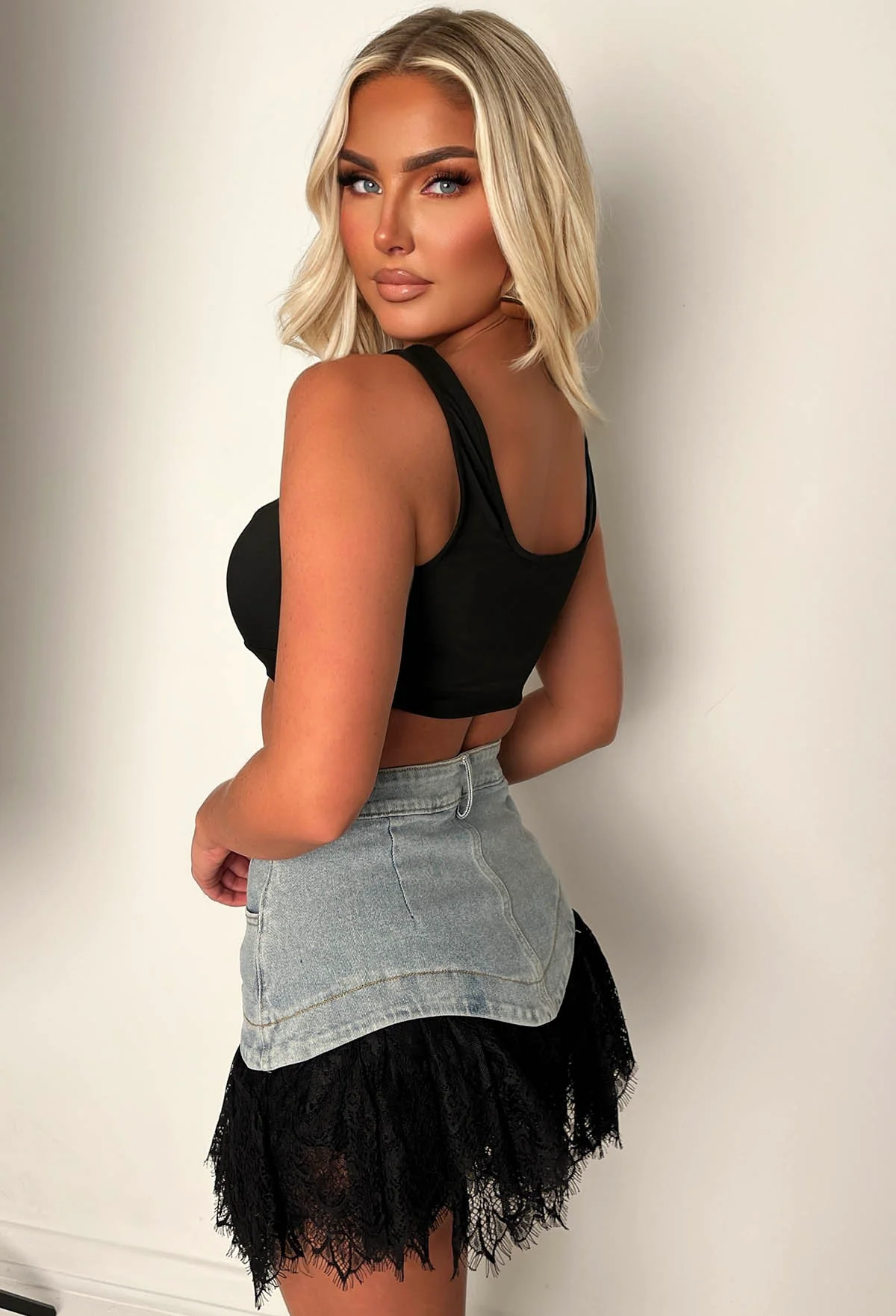 Ibiza It Girl Black Lace Detail Denim Mini Skirt - Image 2