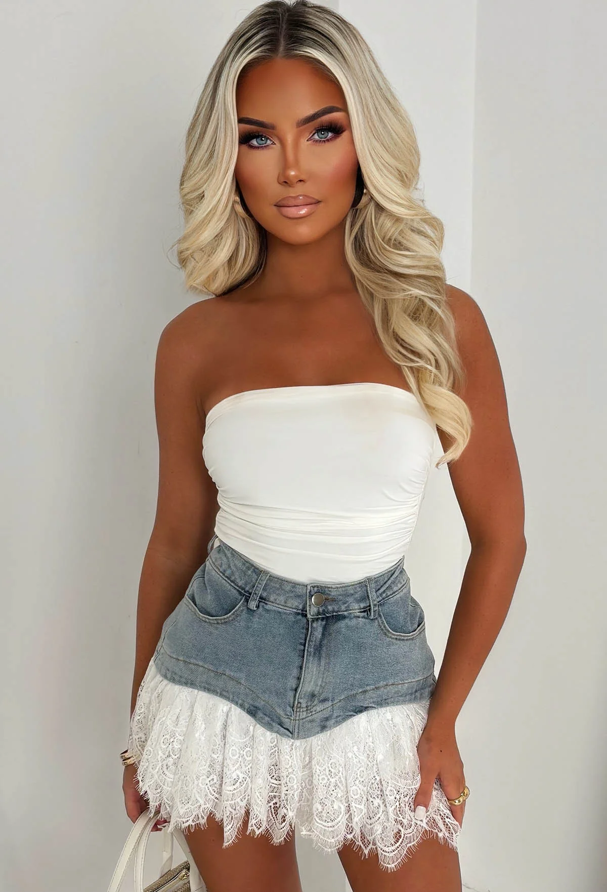 Ibiza It Girl Mid Wash Lace Detail Denim Mini Skirt - Image 3