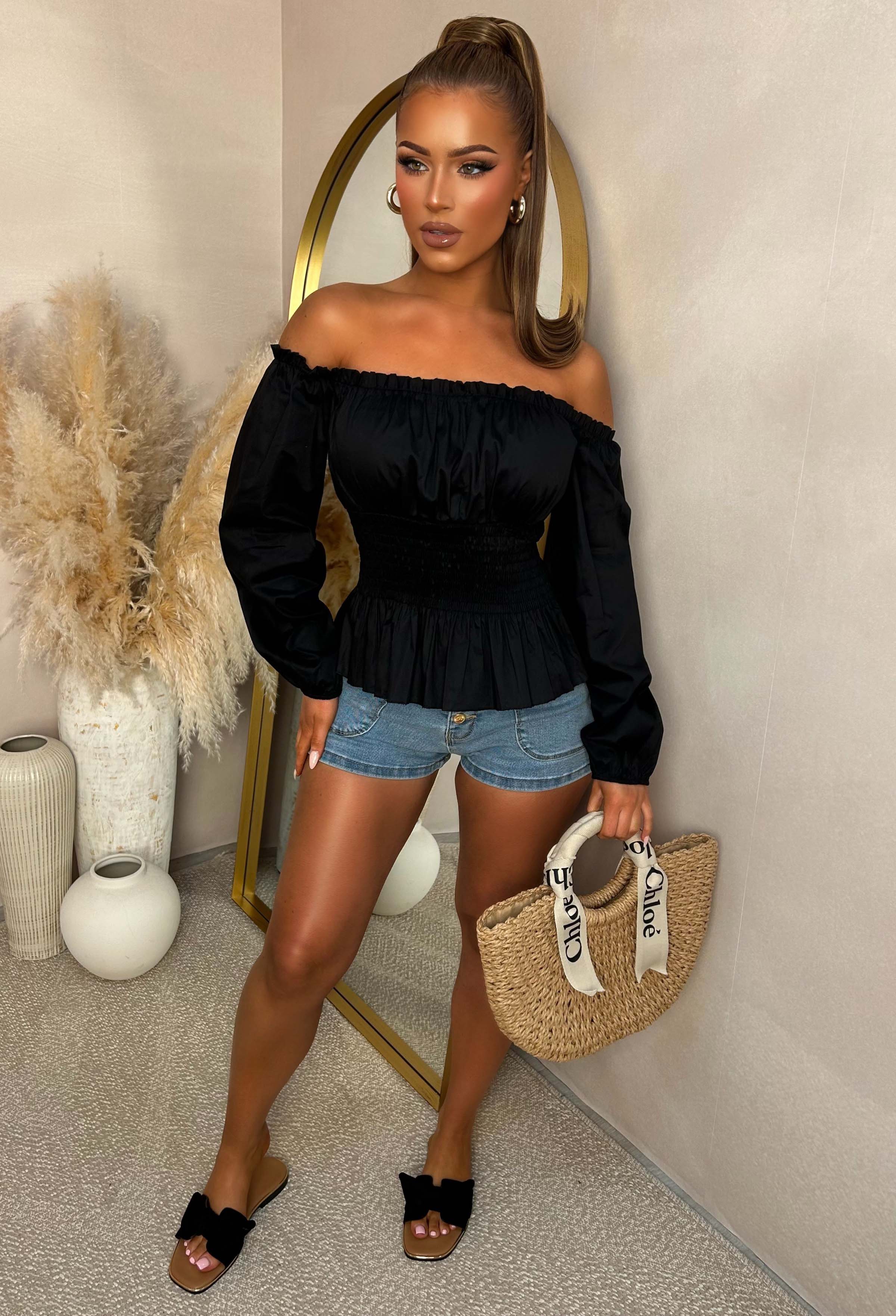 In A Daydream Black Shirred Waist Poplin Top - Image 2