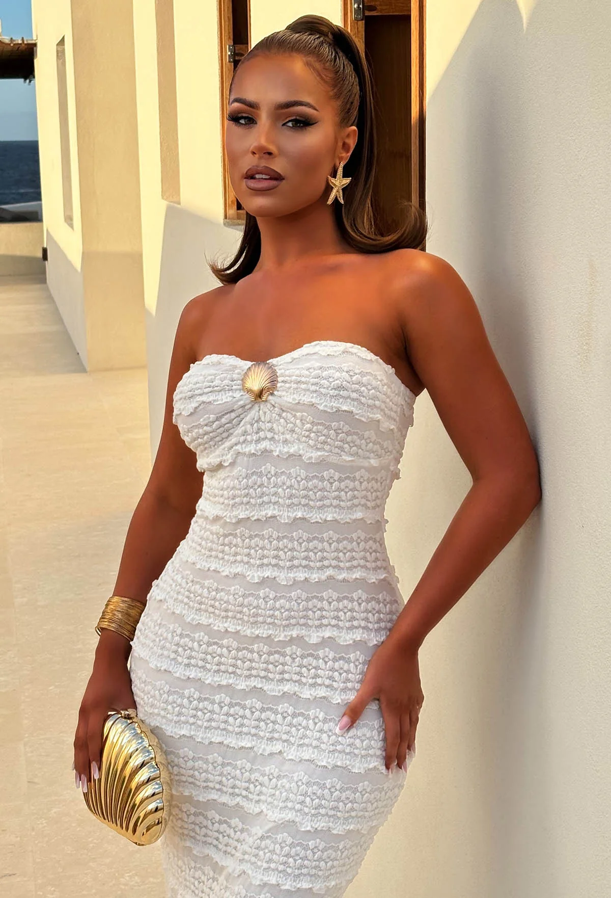 Island Bliss White Shell Lace Bandeau Stretch Maxi Dress - Image 2