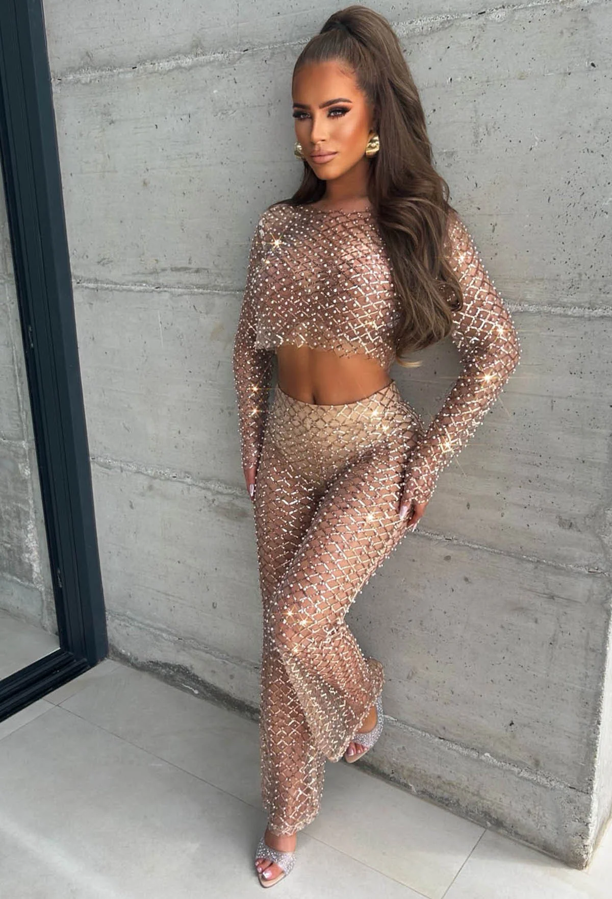 It Girl Moments Rose Gold Sequin Pearl Mesh Trousers - Image 4