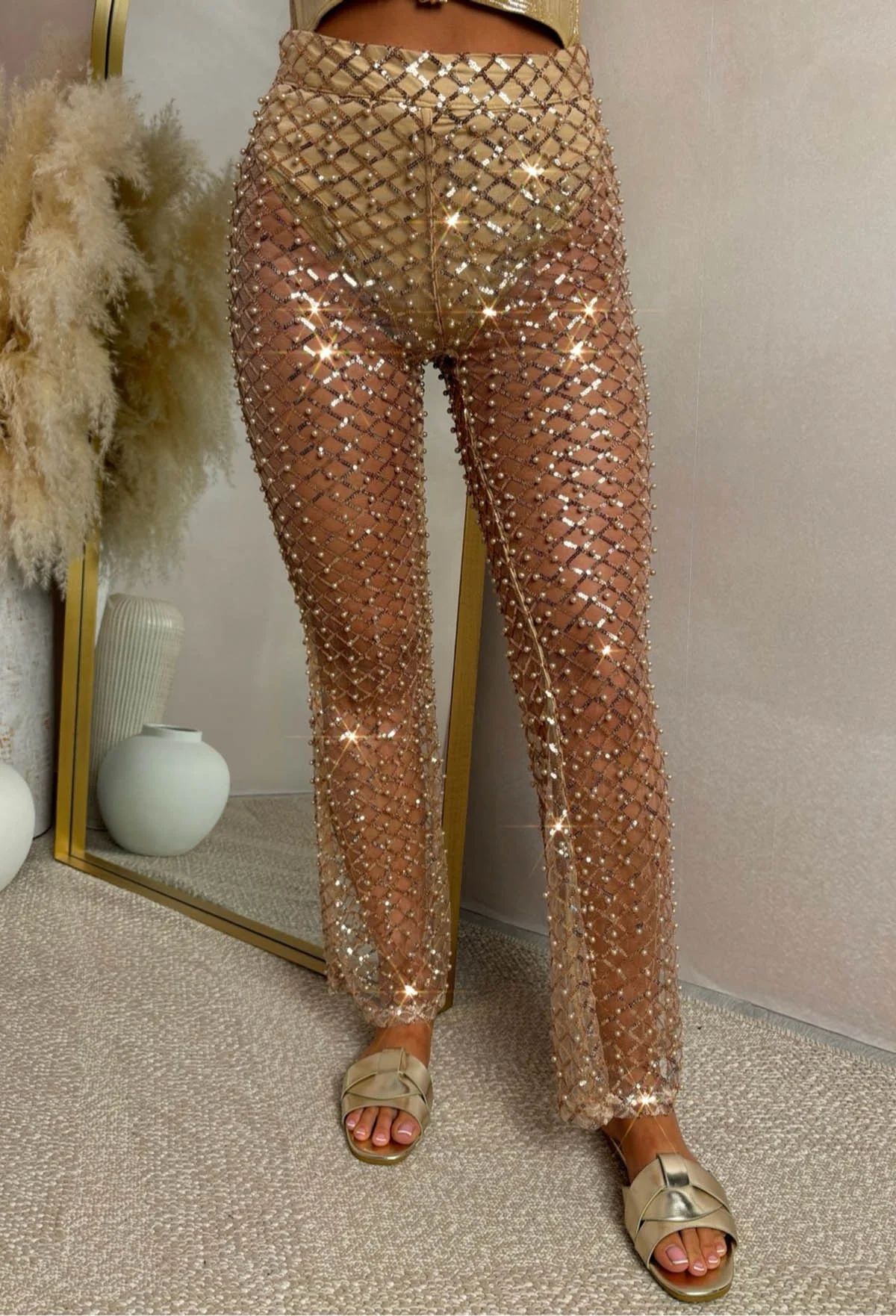It Girl Moments Rose Gold Sequin Pearl Mesh Trousers - Image 8