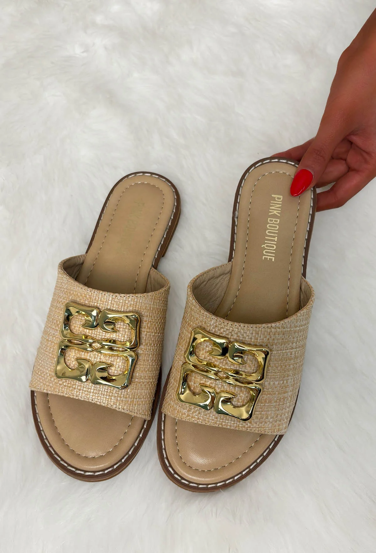Italian Affair Beige Woven Gold Detail Sliders - Image 3