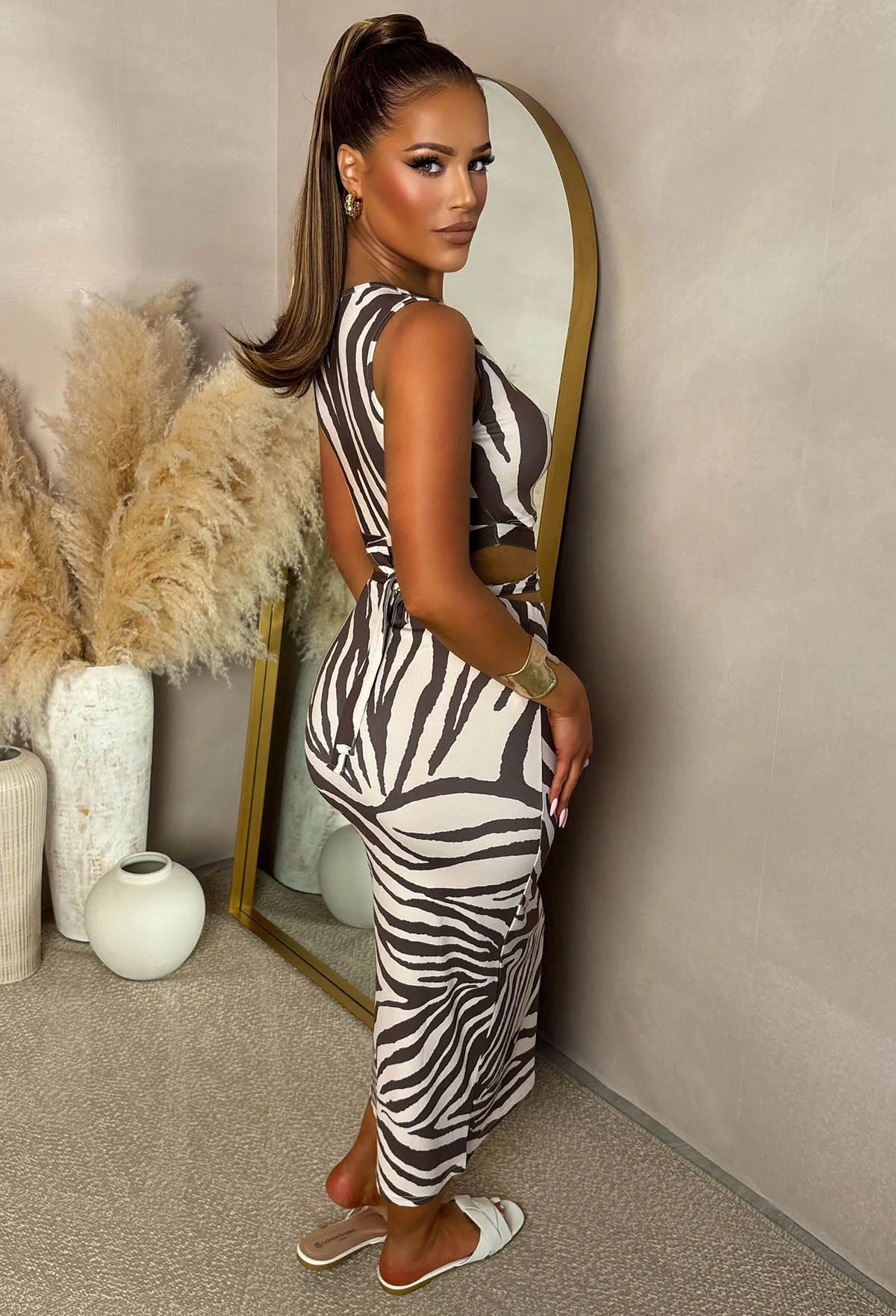 A Match Up Taupe Animal Printed Midi Wrap Around Co-ord Set - Image 3