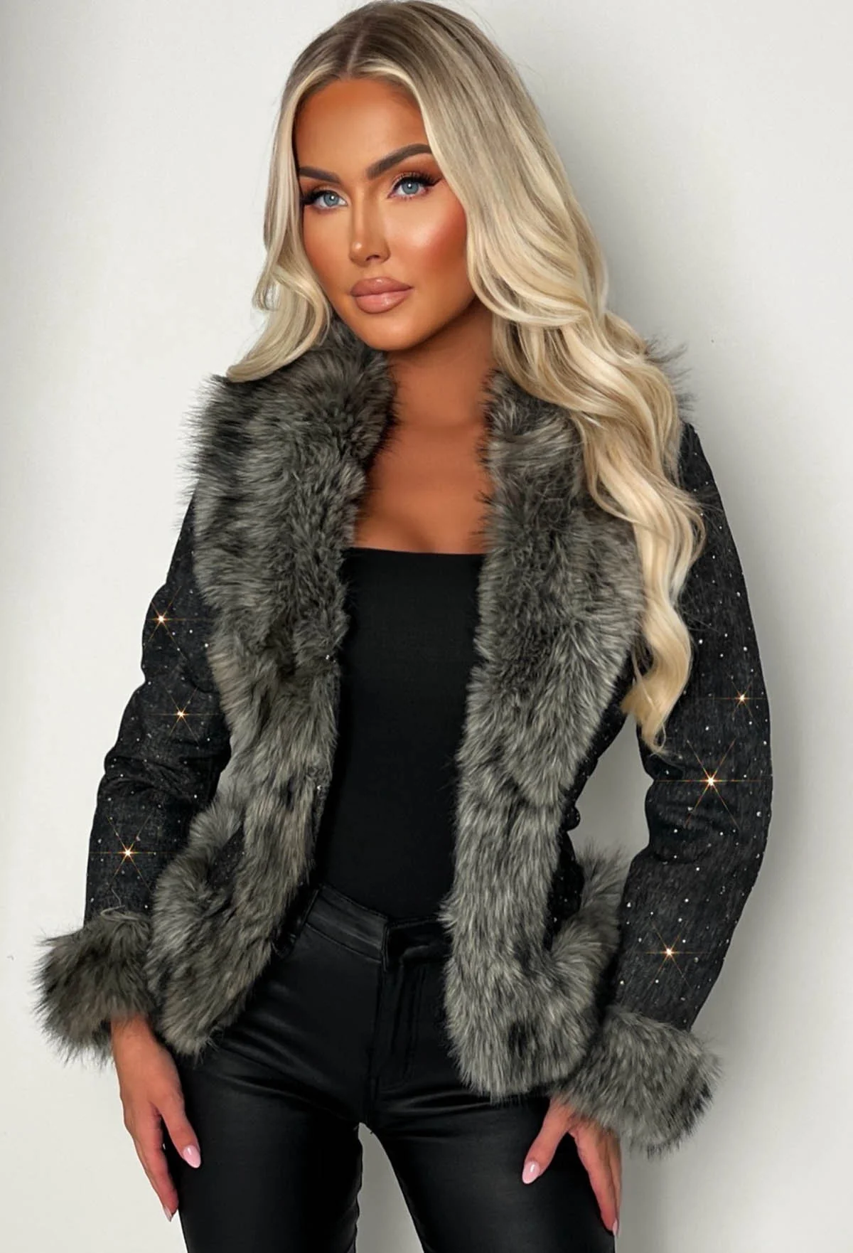 It's A Scandal Grey Denim & Faux Fur Belted Jacket - Image 2