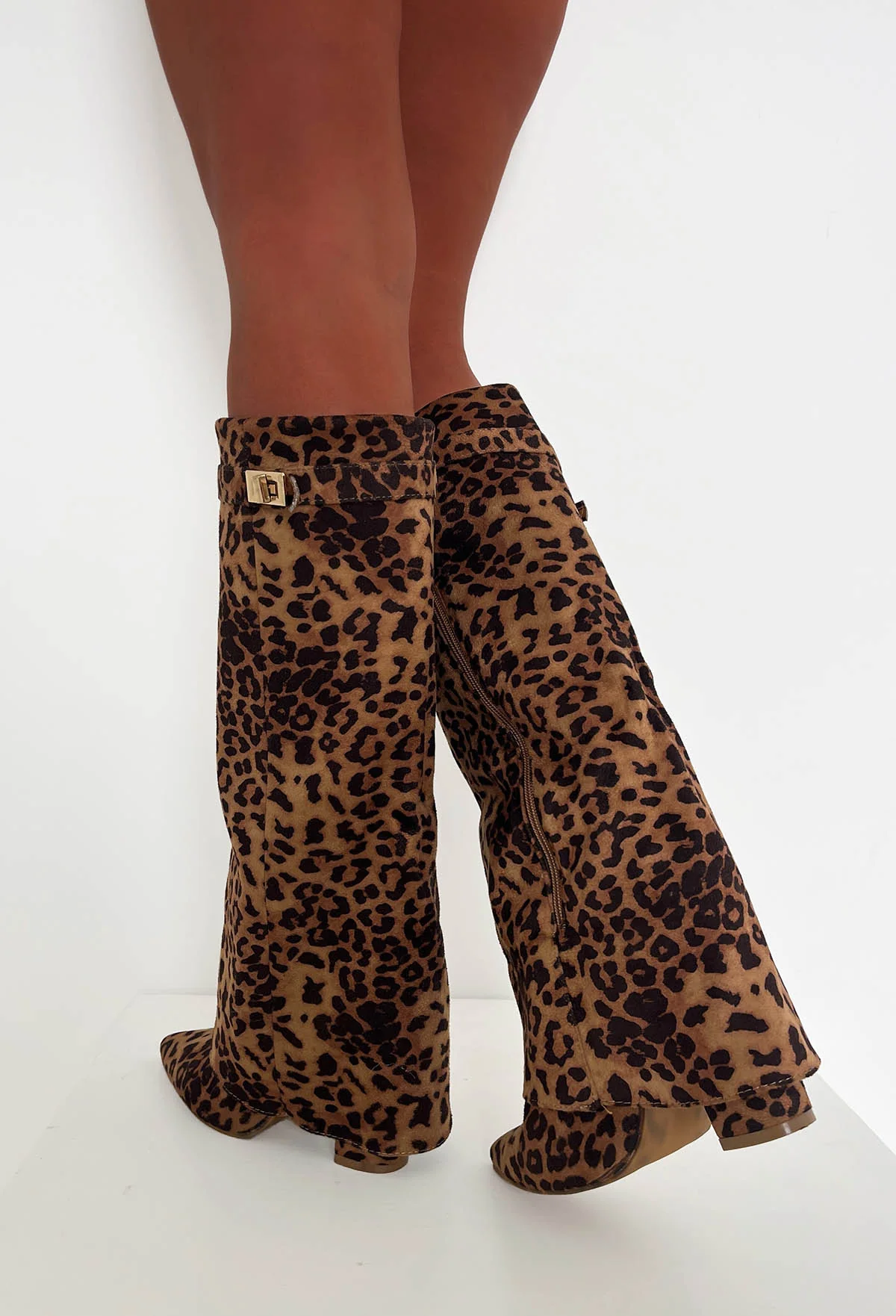 It's A Secret Tan Leopard Fold Over Knee High Lock Shark Boots - Image 2