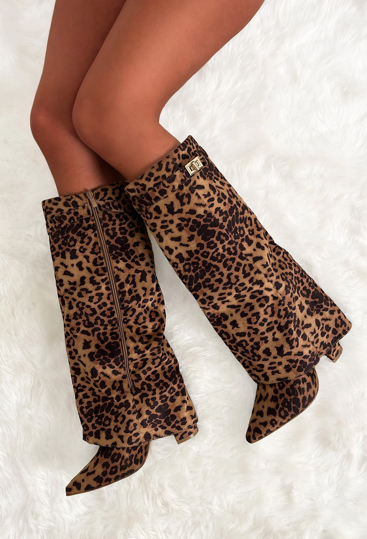 It's A Secret Tan Leopard Fold Over Knee High Lock Shark Boots - Image 3