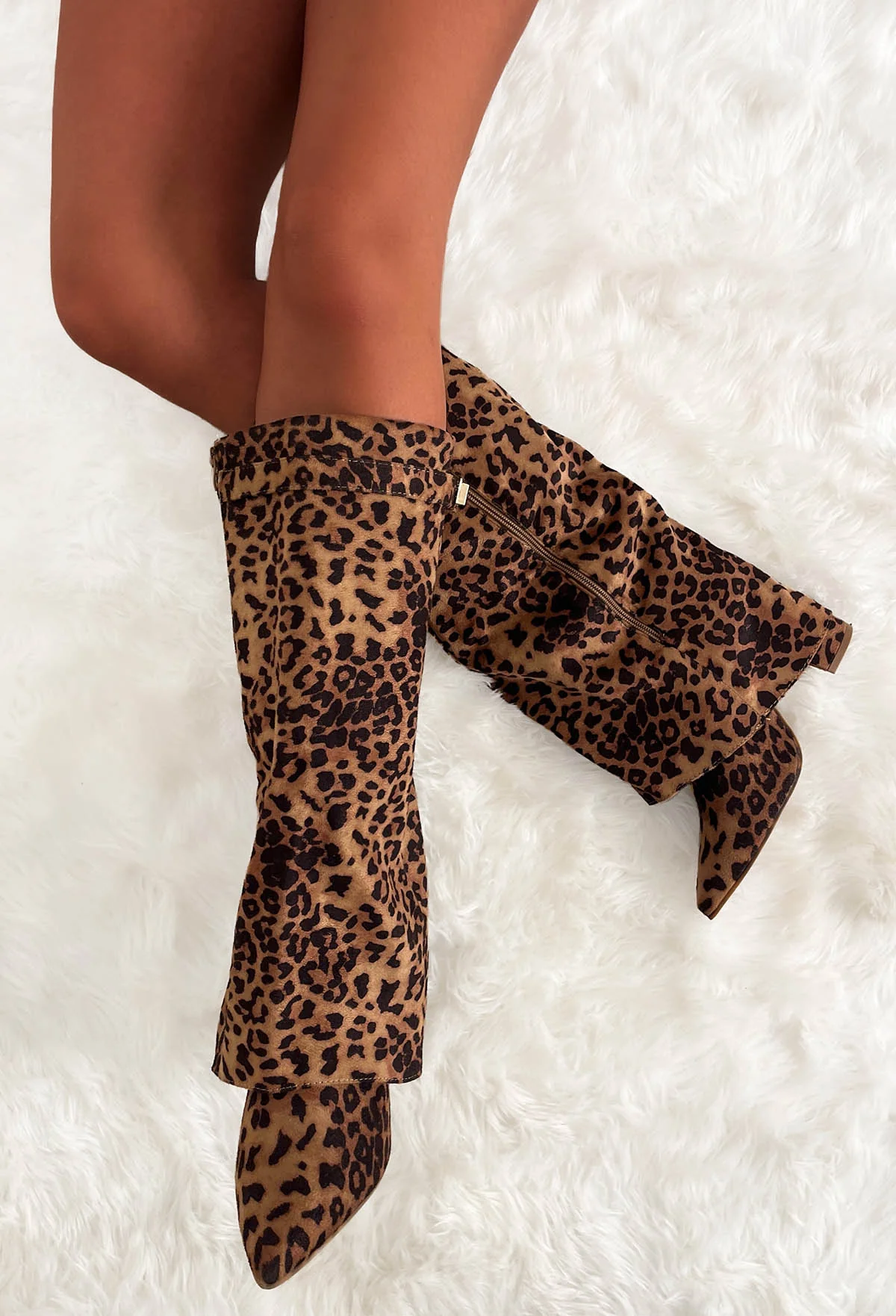 It's A Secret Tan Leopard Fold Over Knee High Lock Shark Boots - Image 4