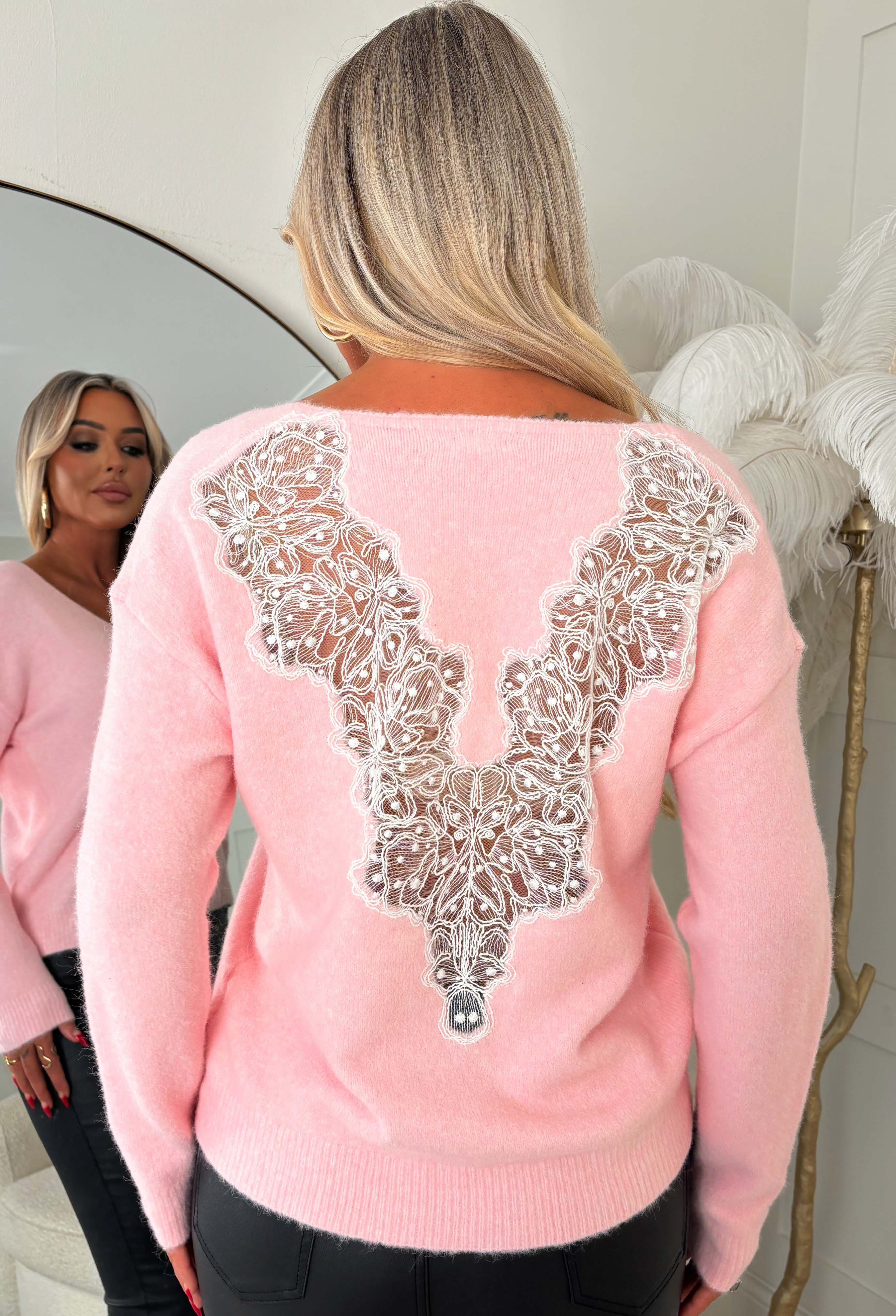 Just So Chic Pink Lace Back V Neck Jumper - Image 4