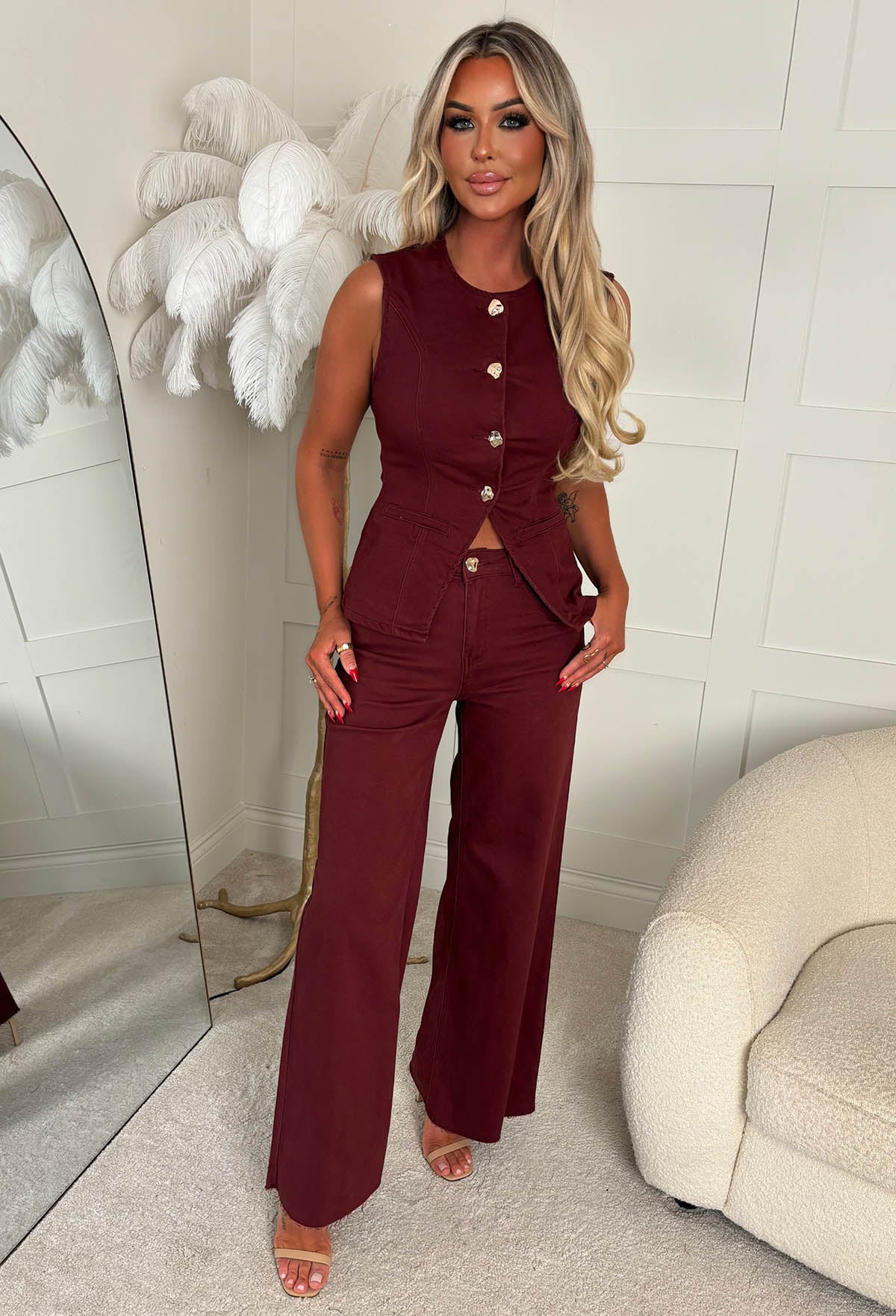 Just Too Cool Burgundy Stretch Denim Jeans & Waistcoat Co-ord Set - Image 3