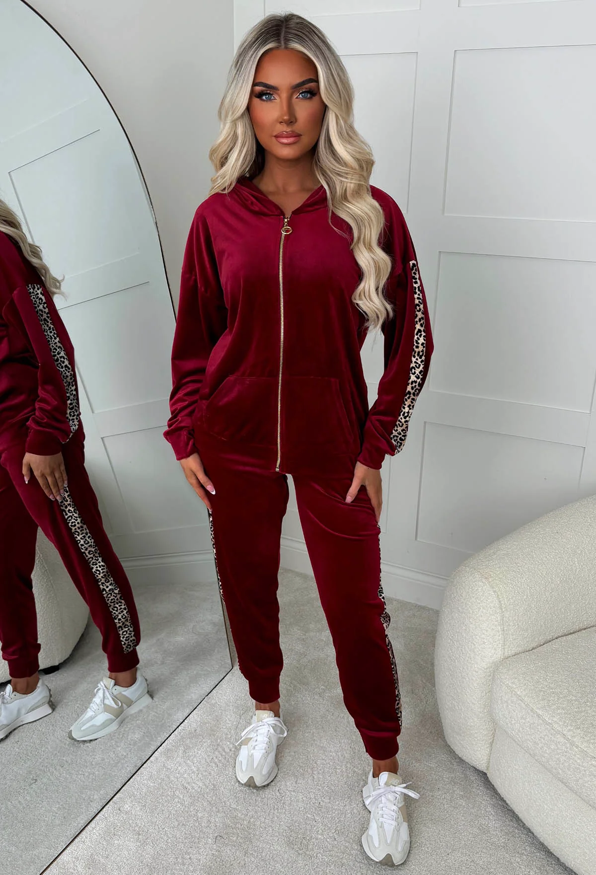 Karma Burgundy Leopard Side Print Velour Loungewear Set - Image 3