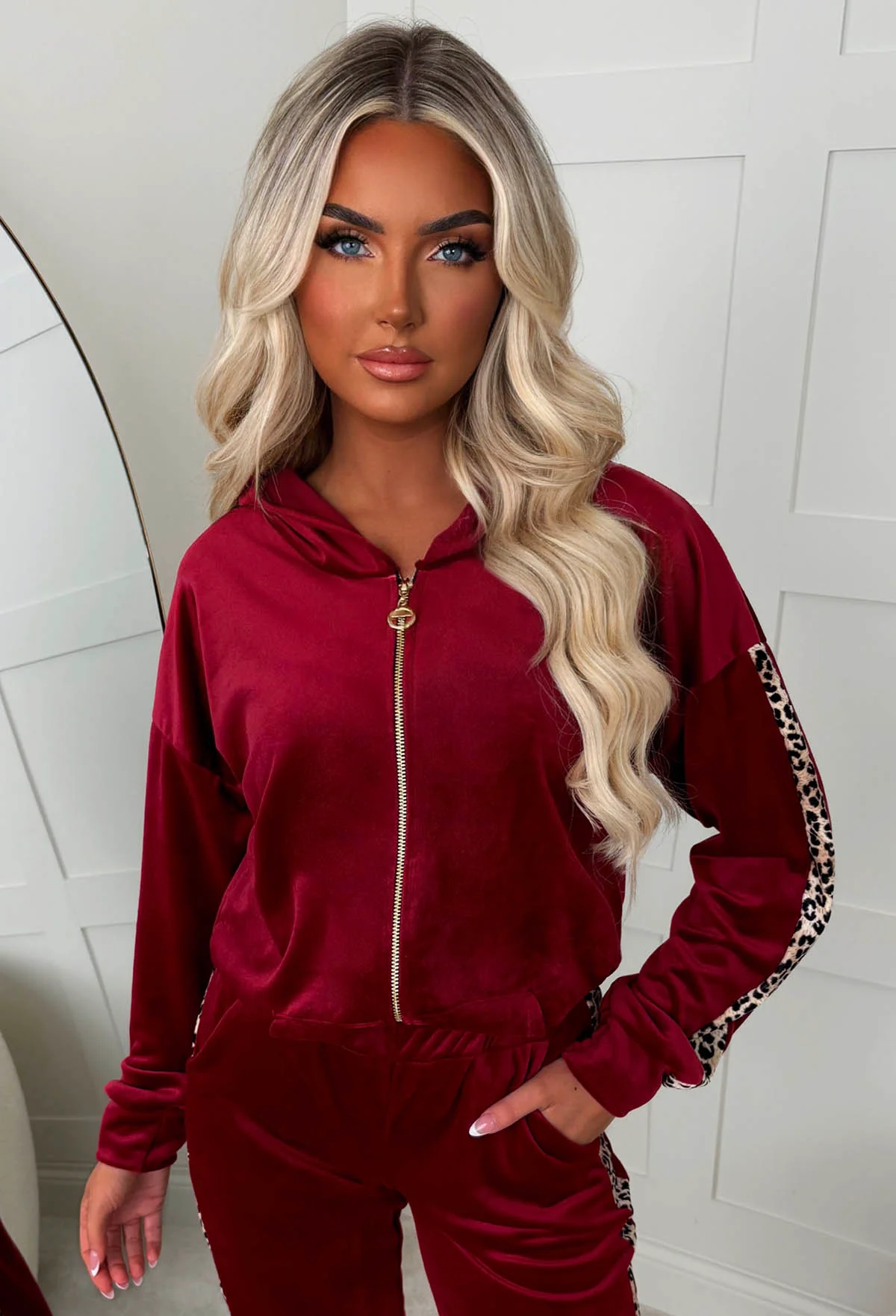Karma Burgundy Leopard Side Print Velour Loungewear Set - Image 4