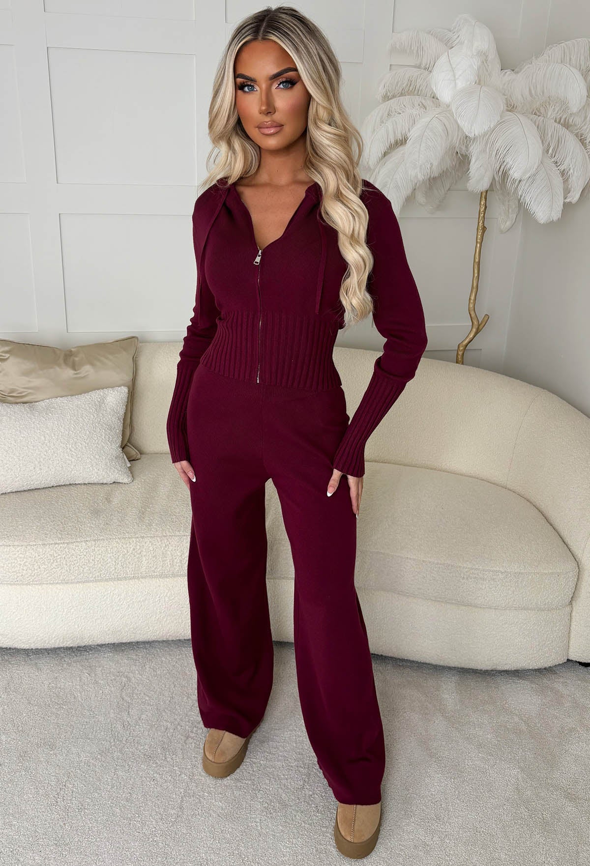 Kassie Burgundy Rib Knit Zip Up Hoodie - Image 2