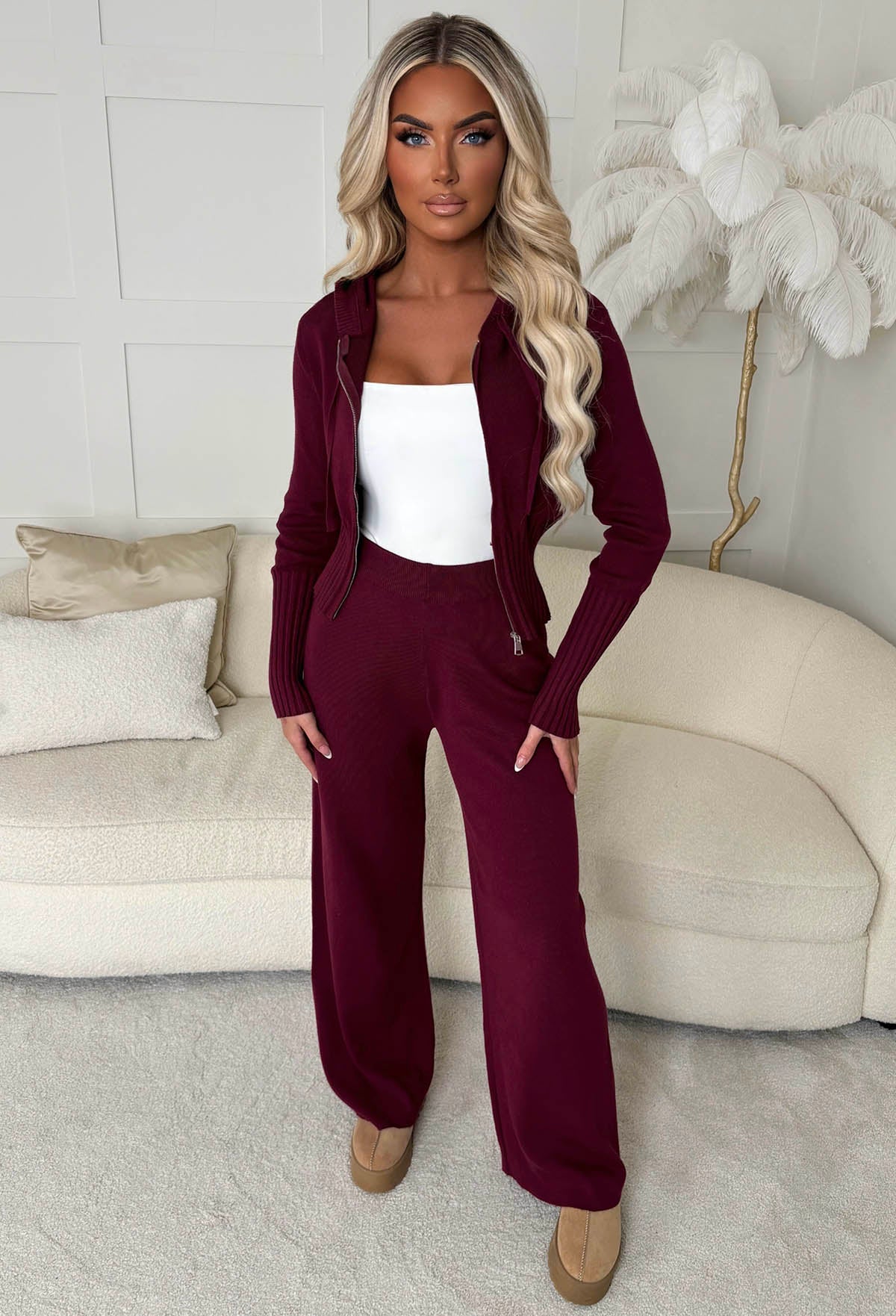 Kassie Burgundy Rib Knit Zip Up Hoodie - Image 4